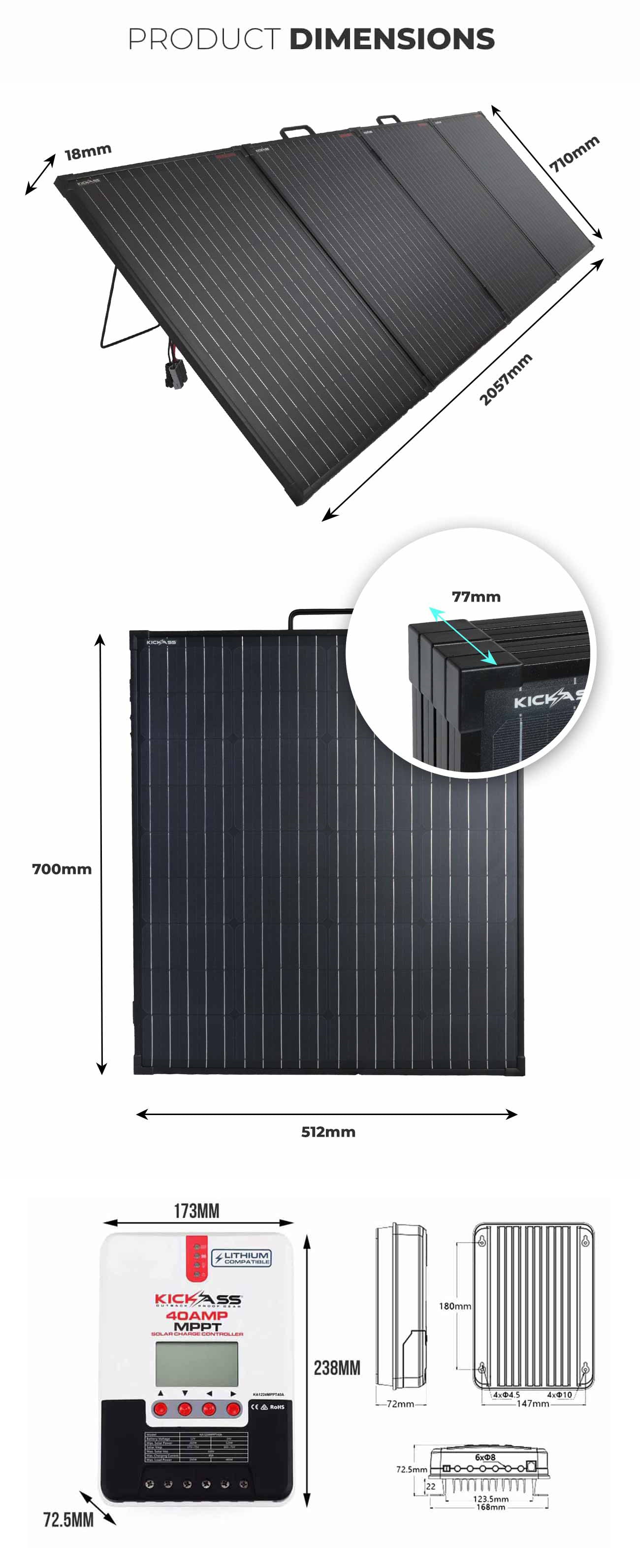 KICKASS 12V 200W Portable Camping Solar Panel With 40A 12/24V MPPT Solar Controller