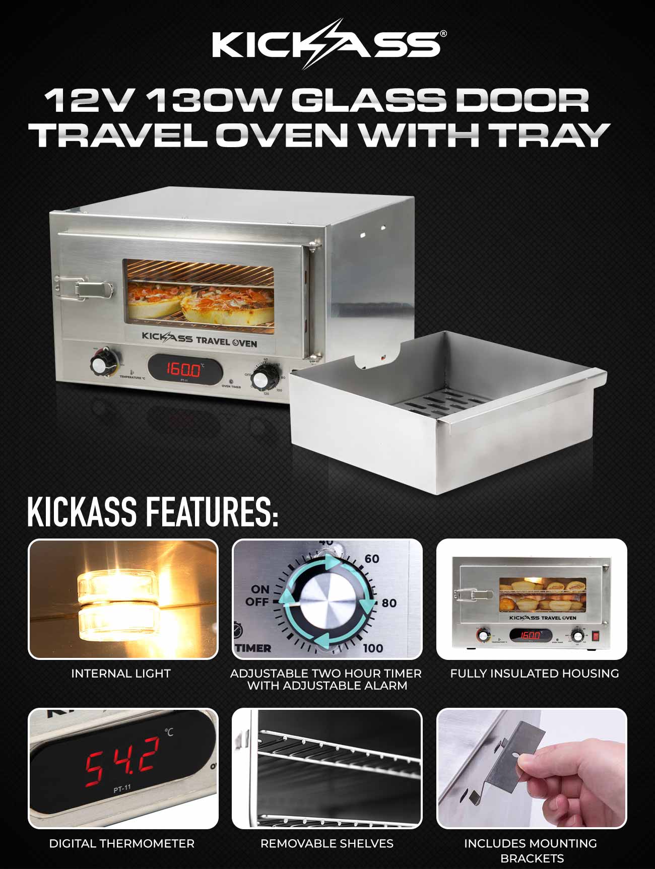 KickAss 12V 130W Portable Travel Oven Small - Glass Door and Thermometer