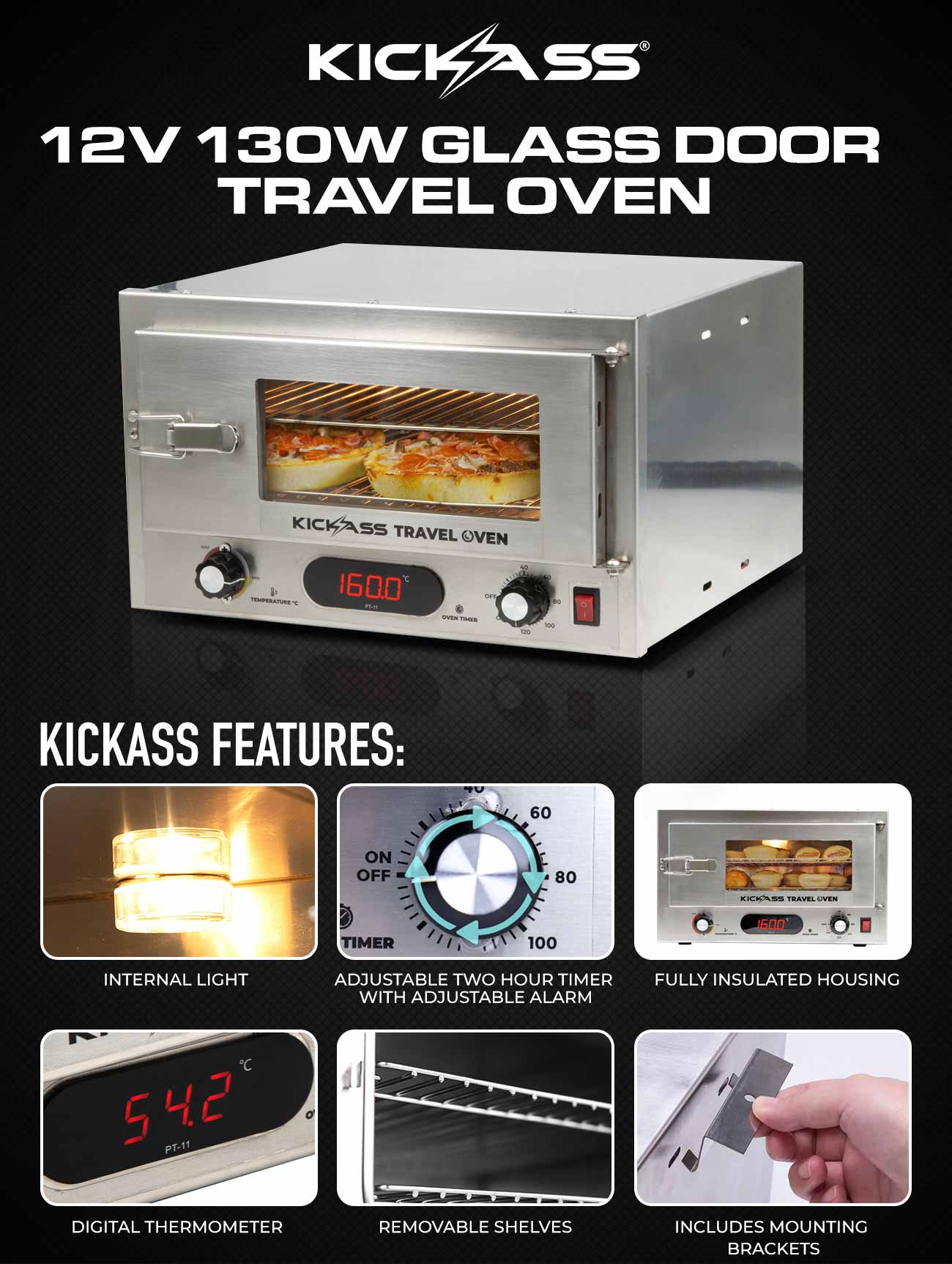 KickAss 12V 130W Portable Travel Oven Small - Glass Door and Thermometer