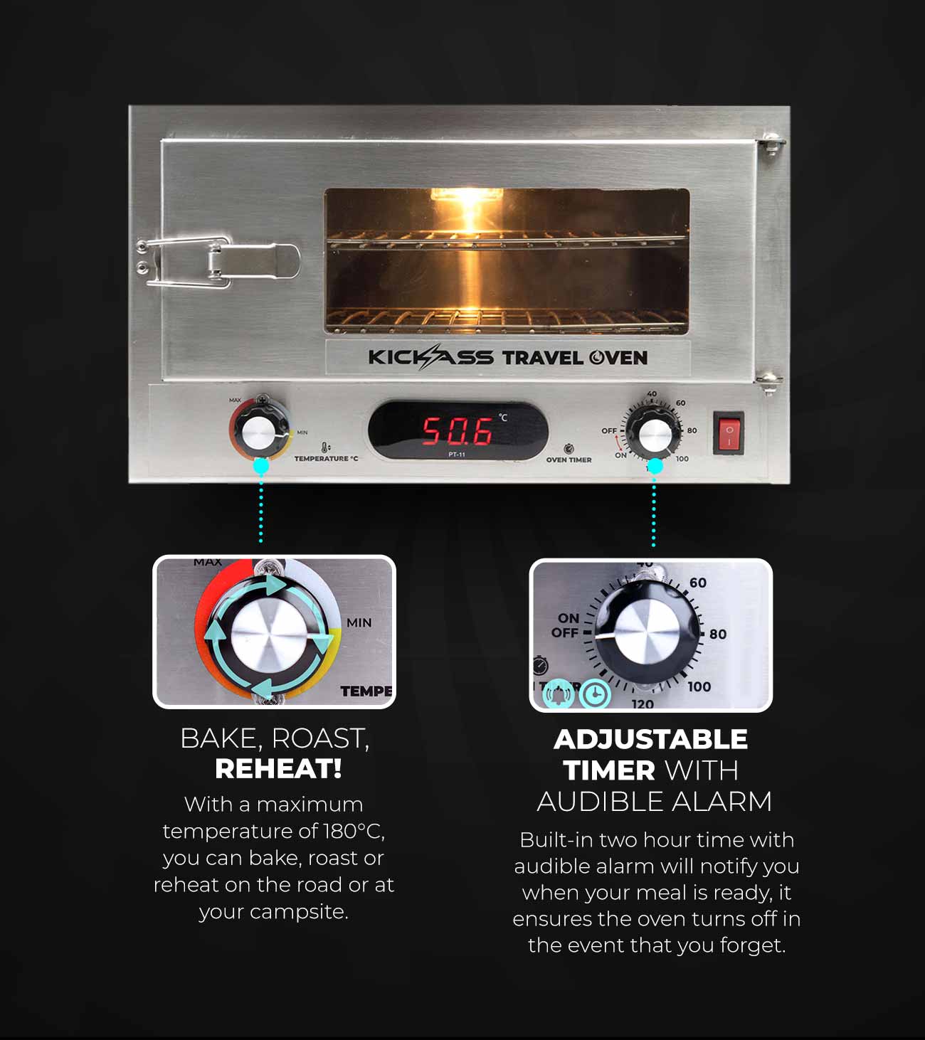 KickAss 12V 130W Portable Travel Oven Small - Glass Door and Thermometer