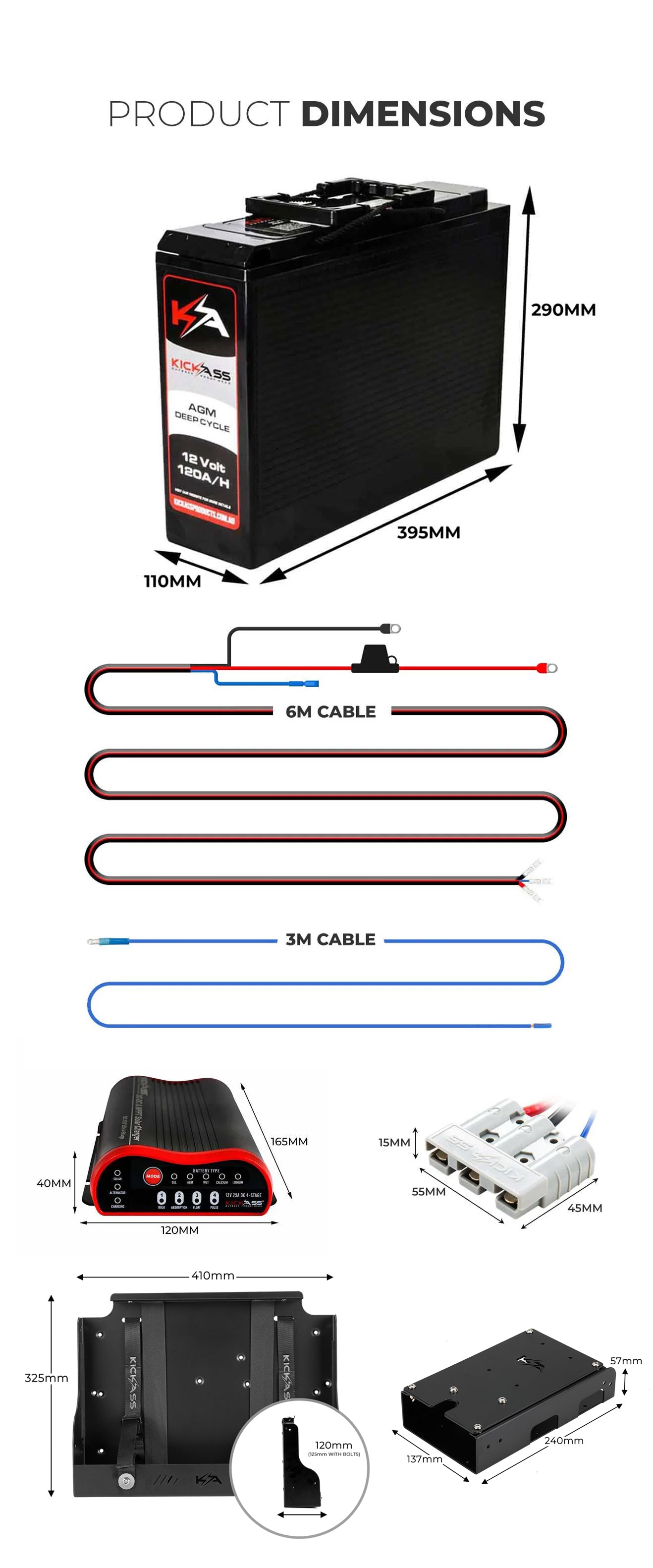 KATRAYMT120DCDC - KICKASS 12V 120AH Slimline AGM Battery with 25A DC-DC, Tray, Panel & Wiring Kit