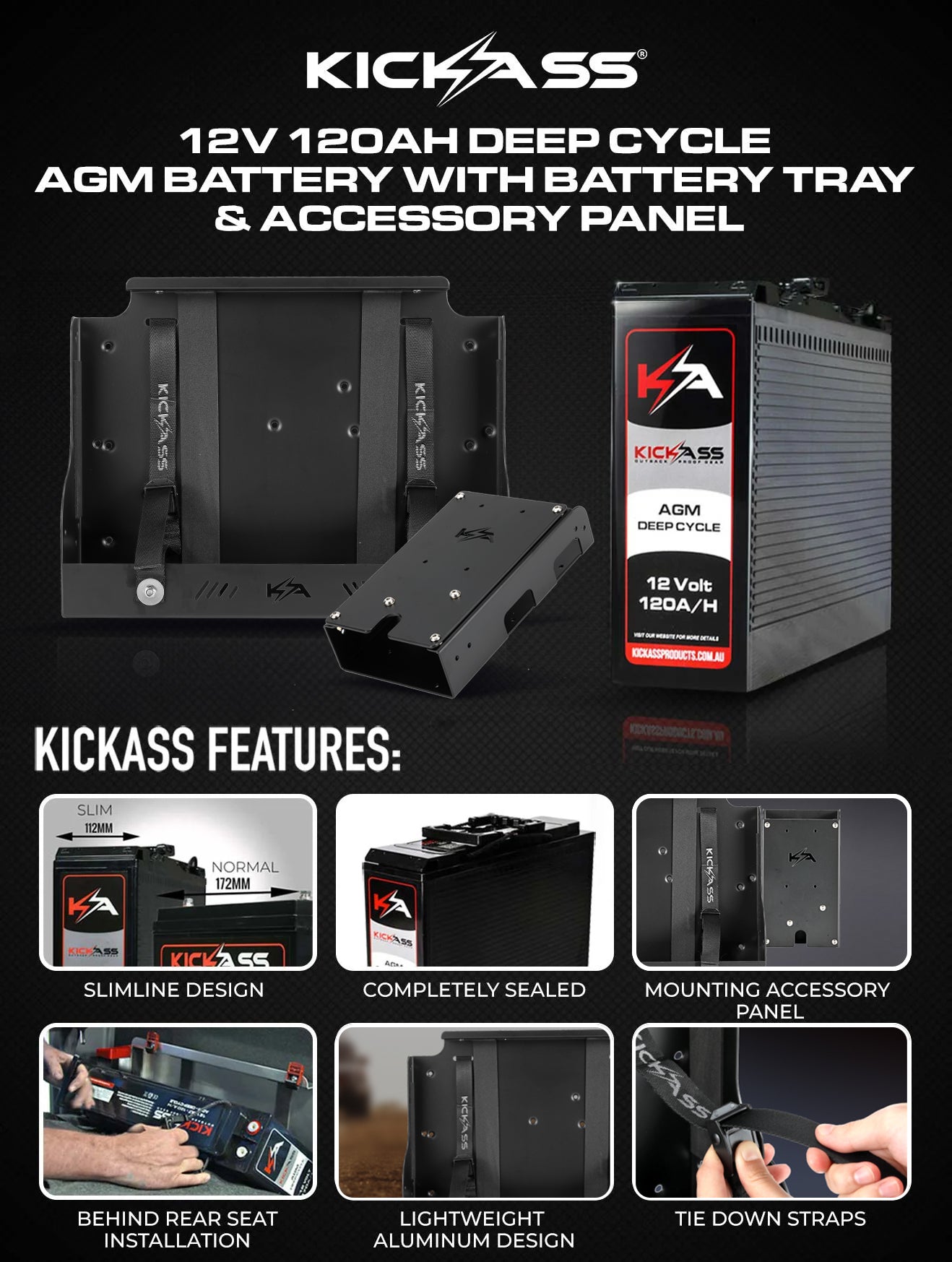 KICKASS 12V 120AH Slimline Deep Cycle AGM Battery with Tray & Accessory Panel