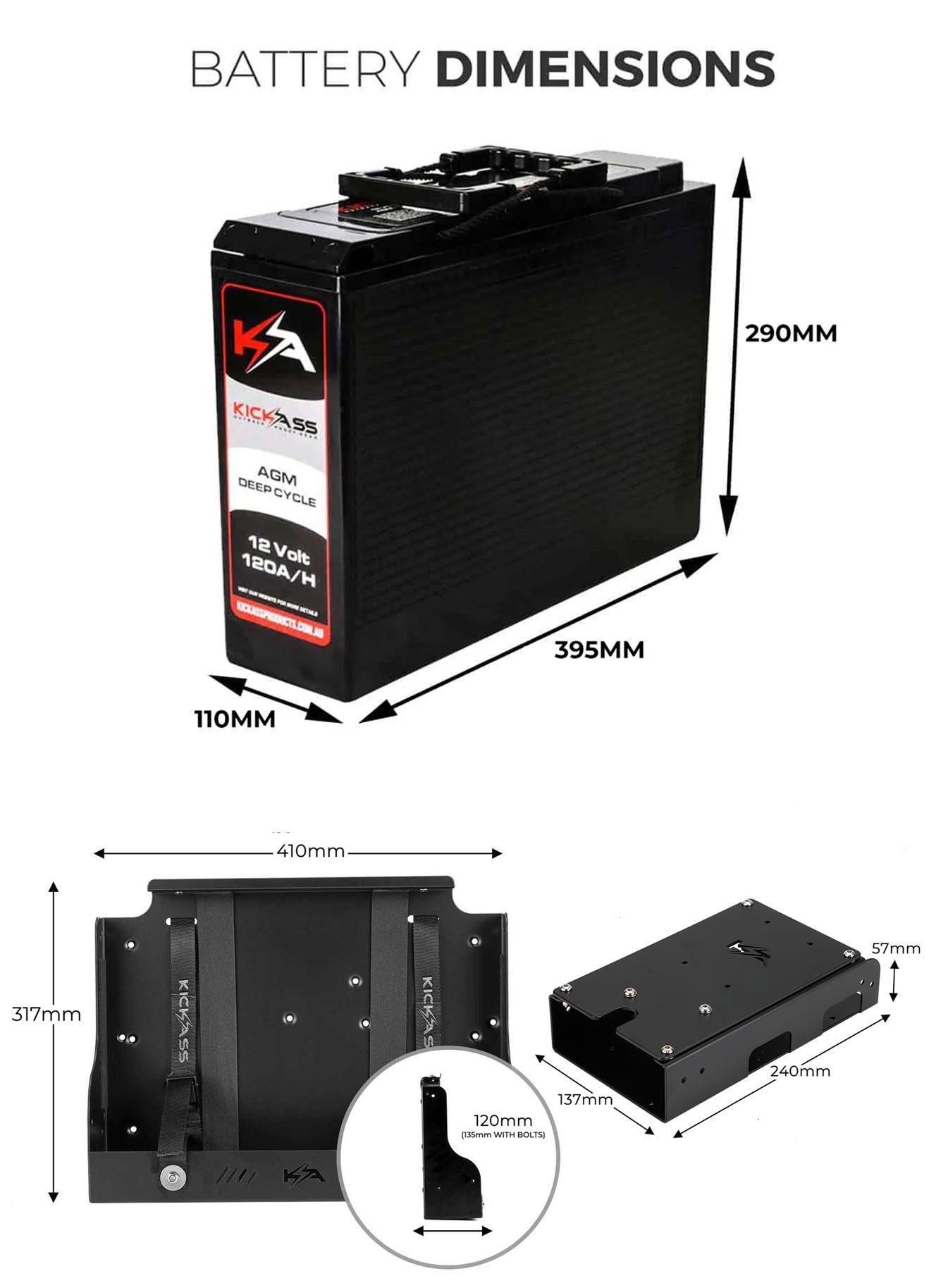 KICKASS 12V 120AH Slimline Deep Cycle AGM Battery with Tray & Accessory Panel