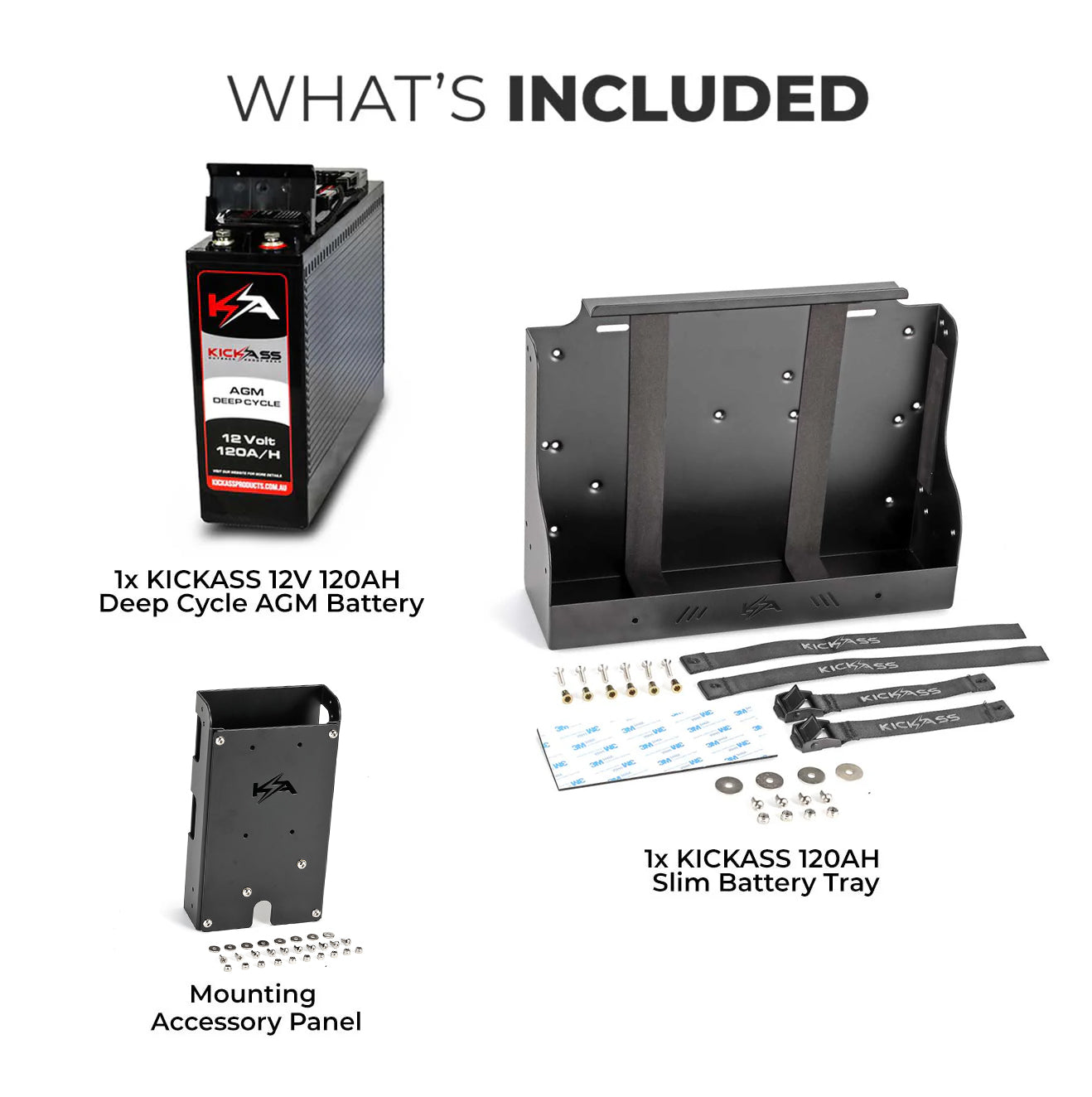 KICKASS 12V 120AH Slimline Deep Cycle AGM Battery with Tray & Accessory Panel