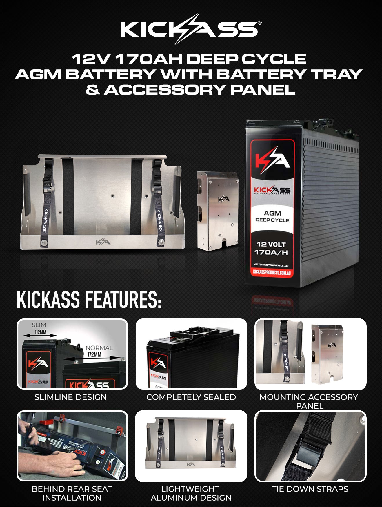 KICKASS 12V 170AH AGM Battery With Slim Battery Tray & Accessory Panel