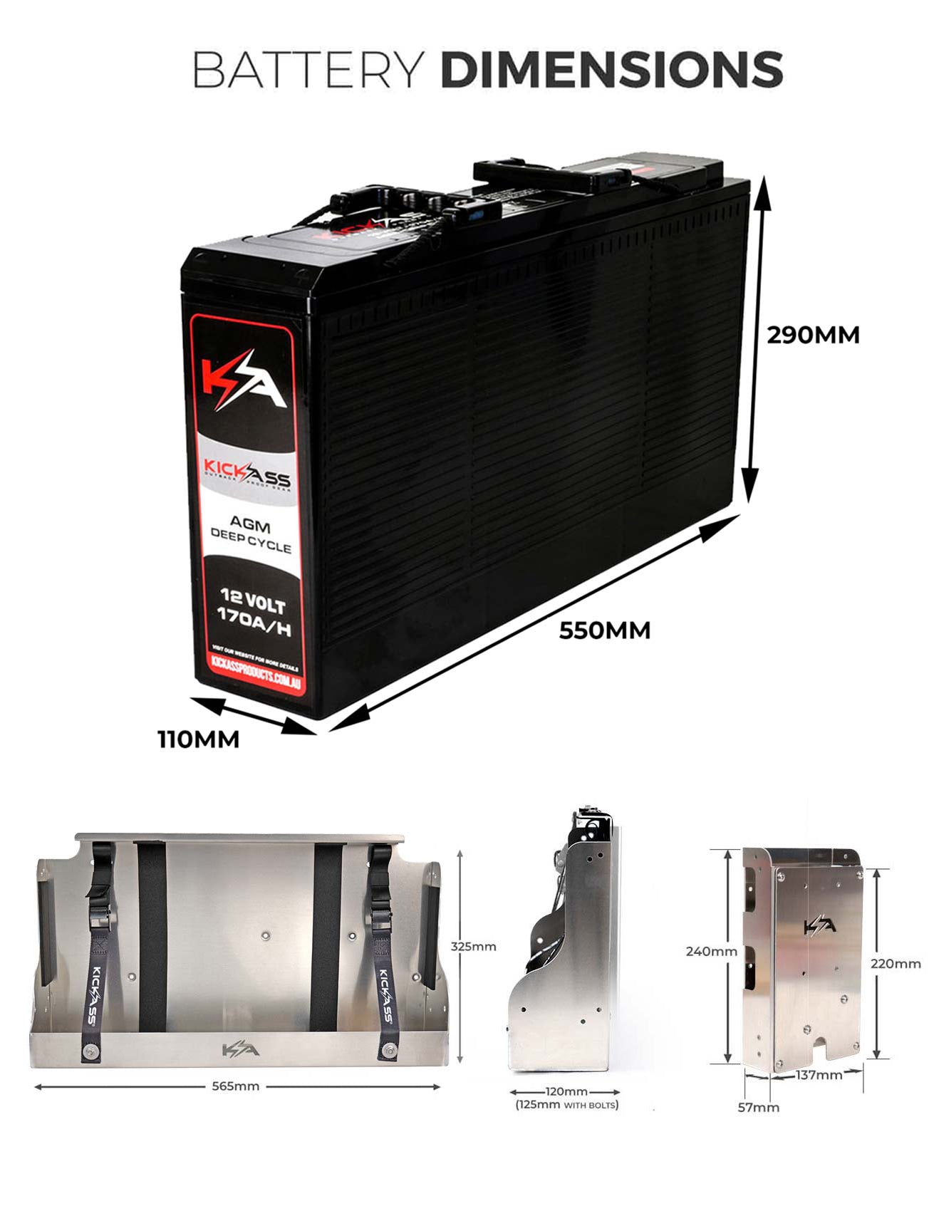 KICKASS 12V 170AH AGM Battery with 170AH Slim Battery Tray, Accessory Panel & Wiring Kit