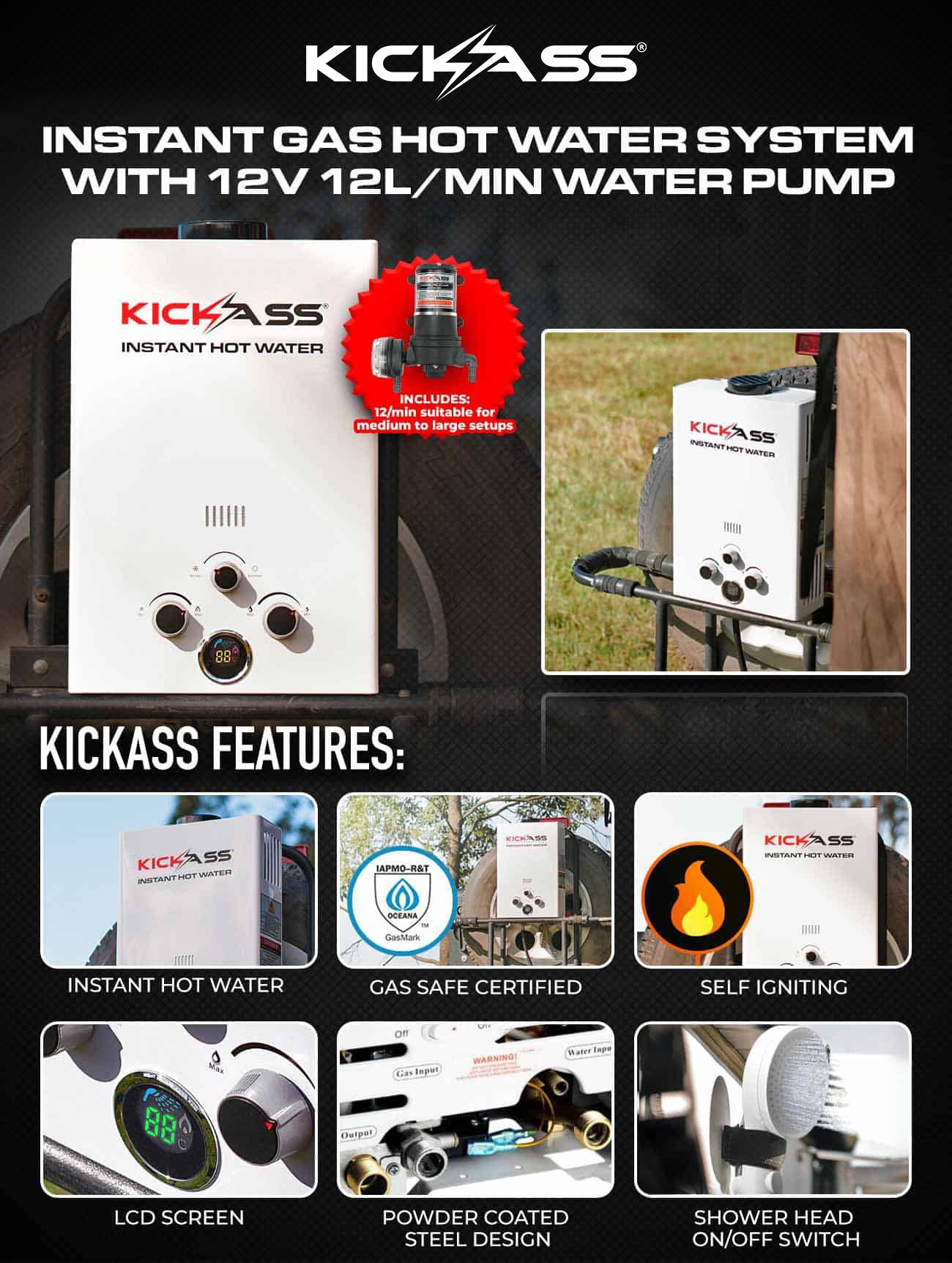 KAHWSGAS8_6 - KICKASS Instant Gas Hot Water System with 12V 12L/min Water Pump