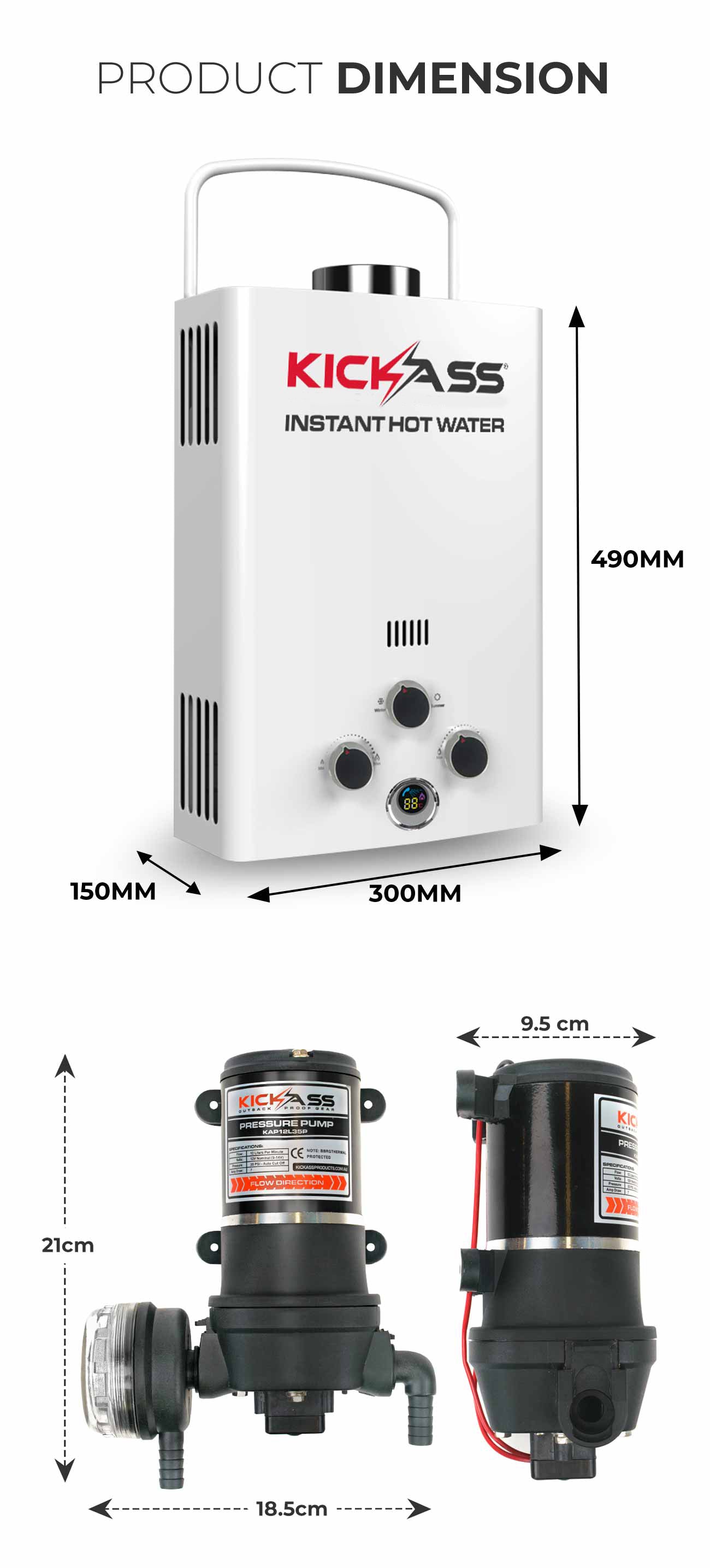 KAHWSGAS8_6 - KICKASS Instant Gas Hot Water System with 12V 12L/min Water Pump