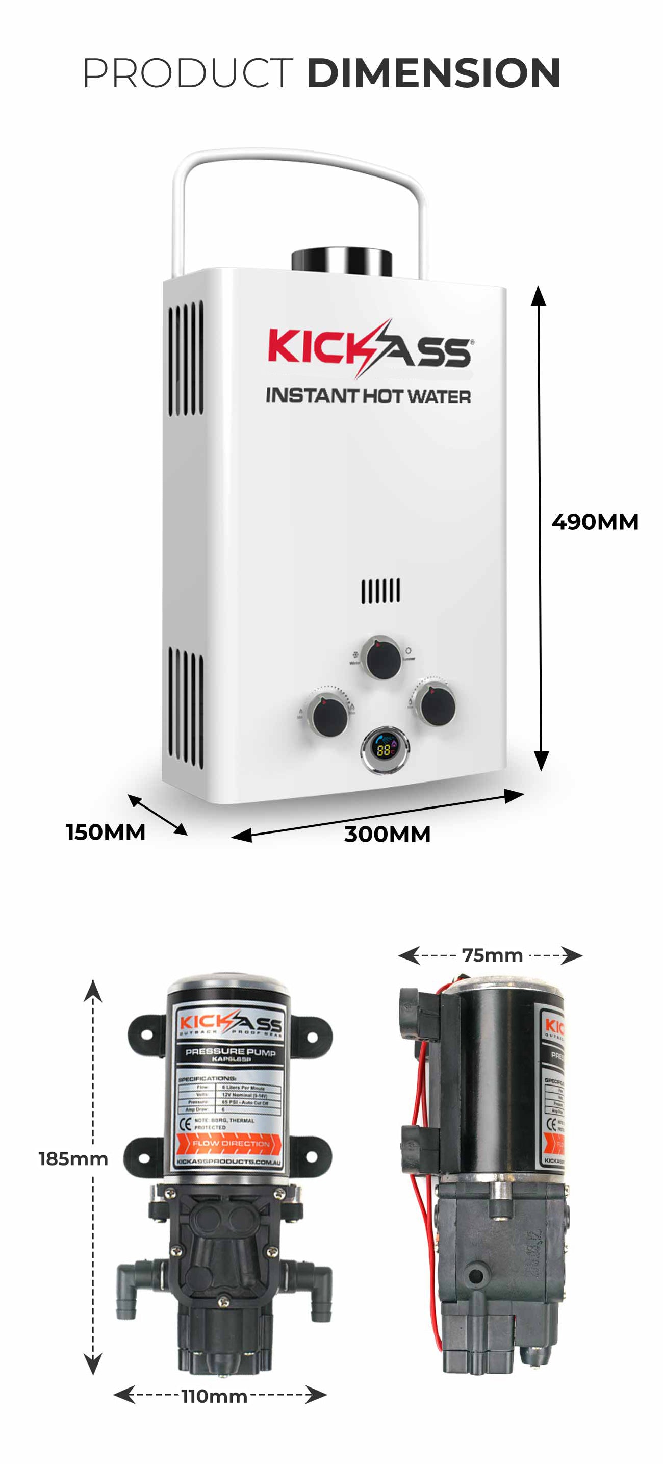 KAHWSGAS8_6 - KICKASS Instant Gas Hot Water System with 12V 6L/min Water Pump