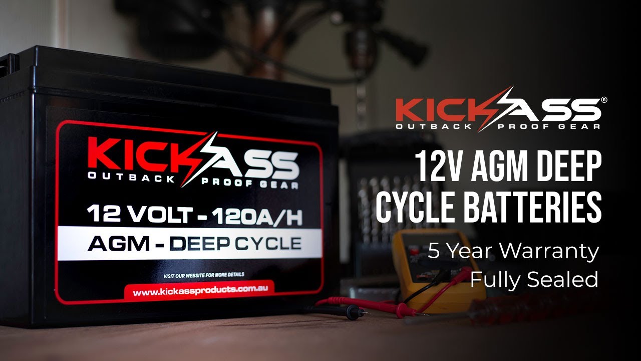 Watch Video of KickAss 12V 120Ah Slimline Deep Cycle AGM Battery with 22AMP Charger