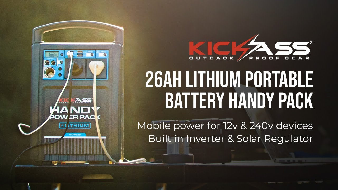 Watch Video of KickAss Lithium Handy Pack - Built-in 200W Inverter & Accessory Sockets