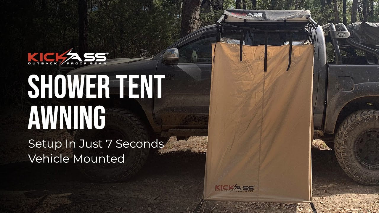 Watch Video of KickAss Fold Out Shower Tent & Change Room with Rechargeable Portable Lithium Shower