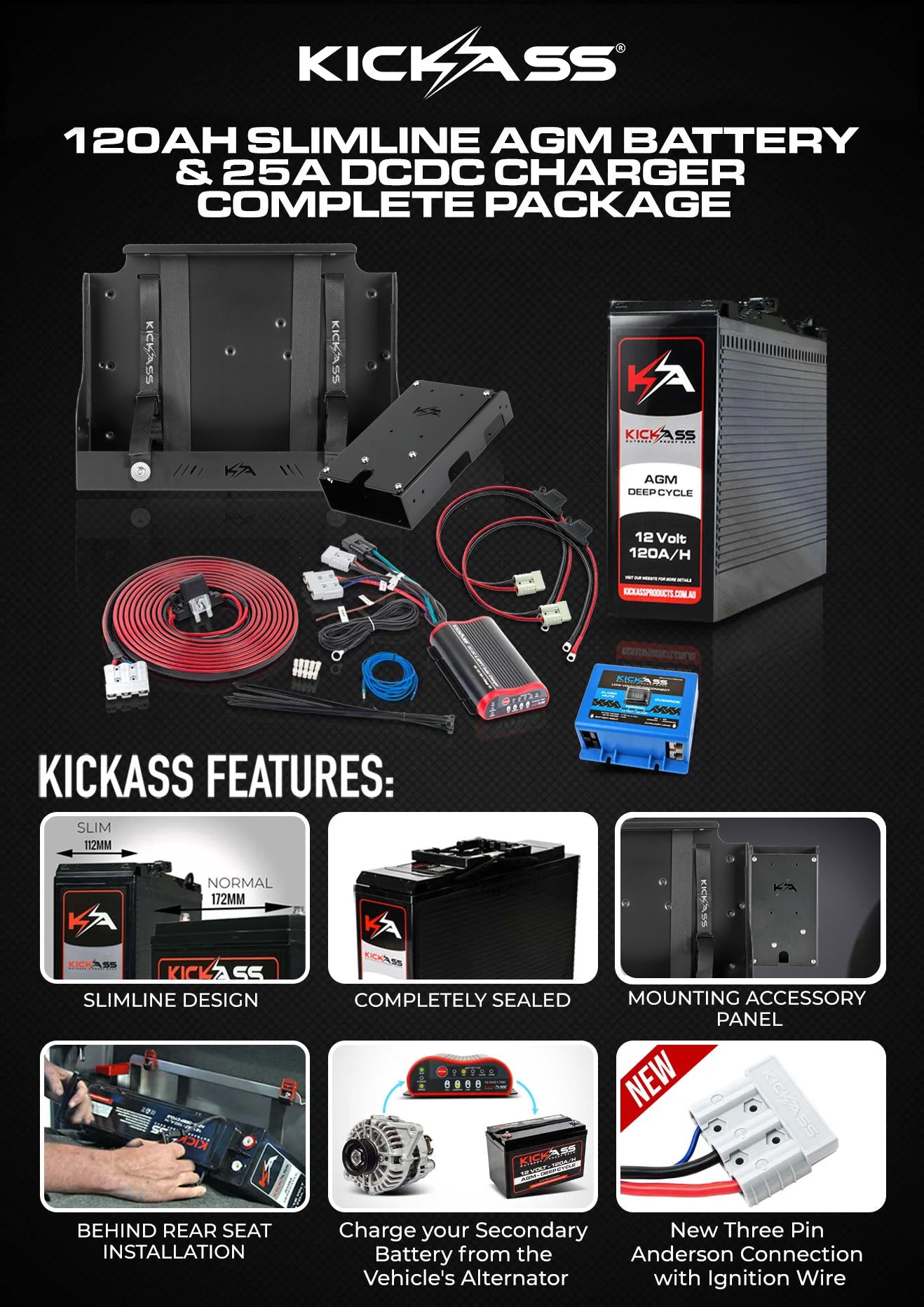 KATRAYMT120DCDCLVD - KICKASS 120AH Slimline AGM Battery & 25A DC-DC Complete Package