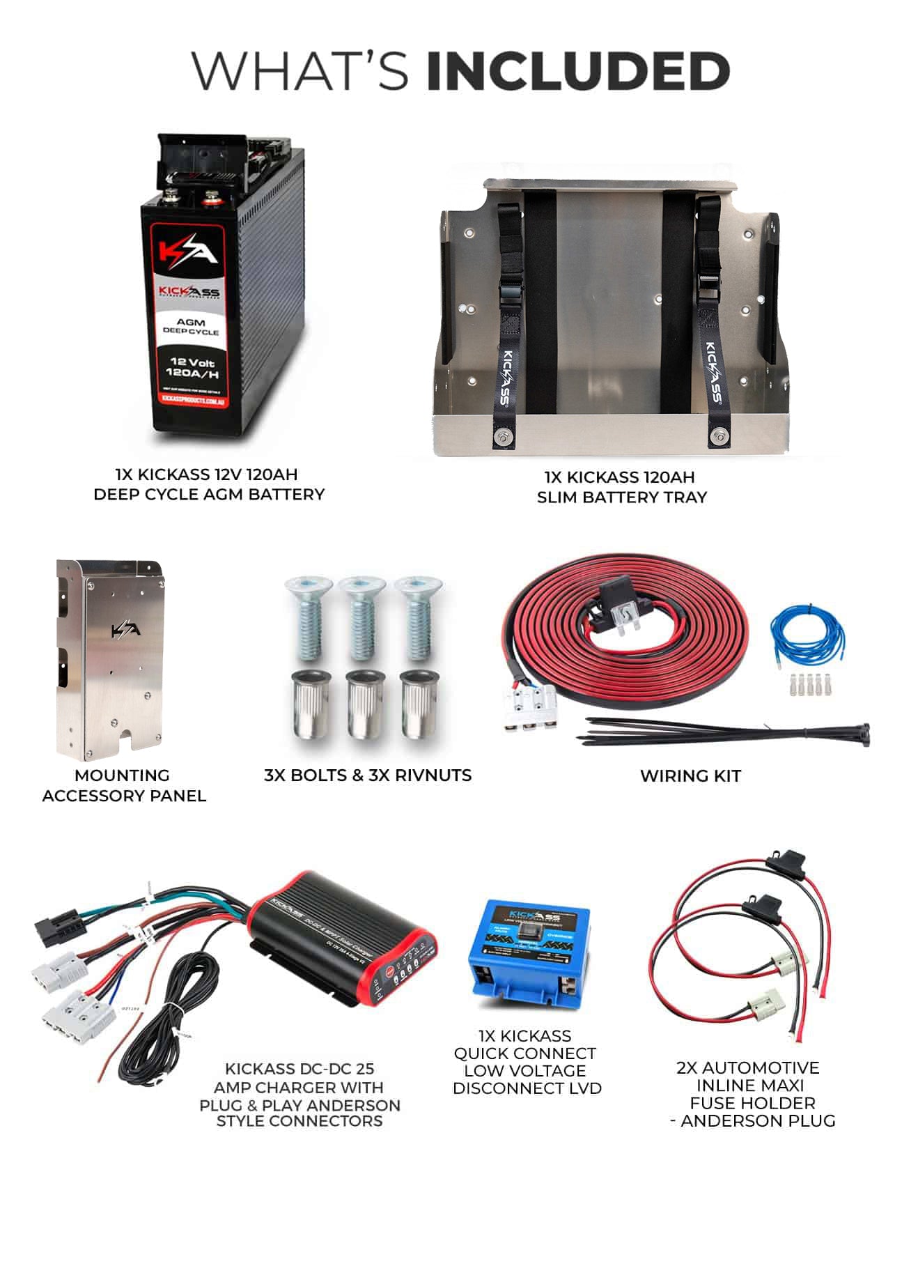 KATRAYMT120DCDCLVD - KICKASS 120AH Slimline AGM Battery & 25A DC-DC Complete Package