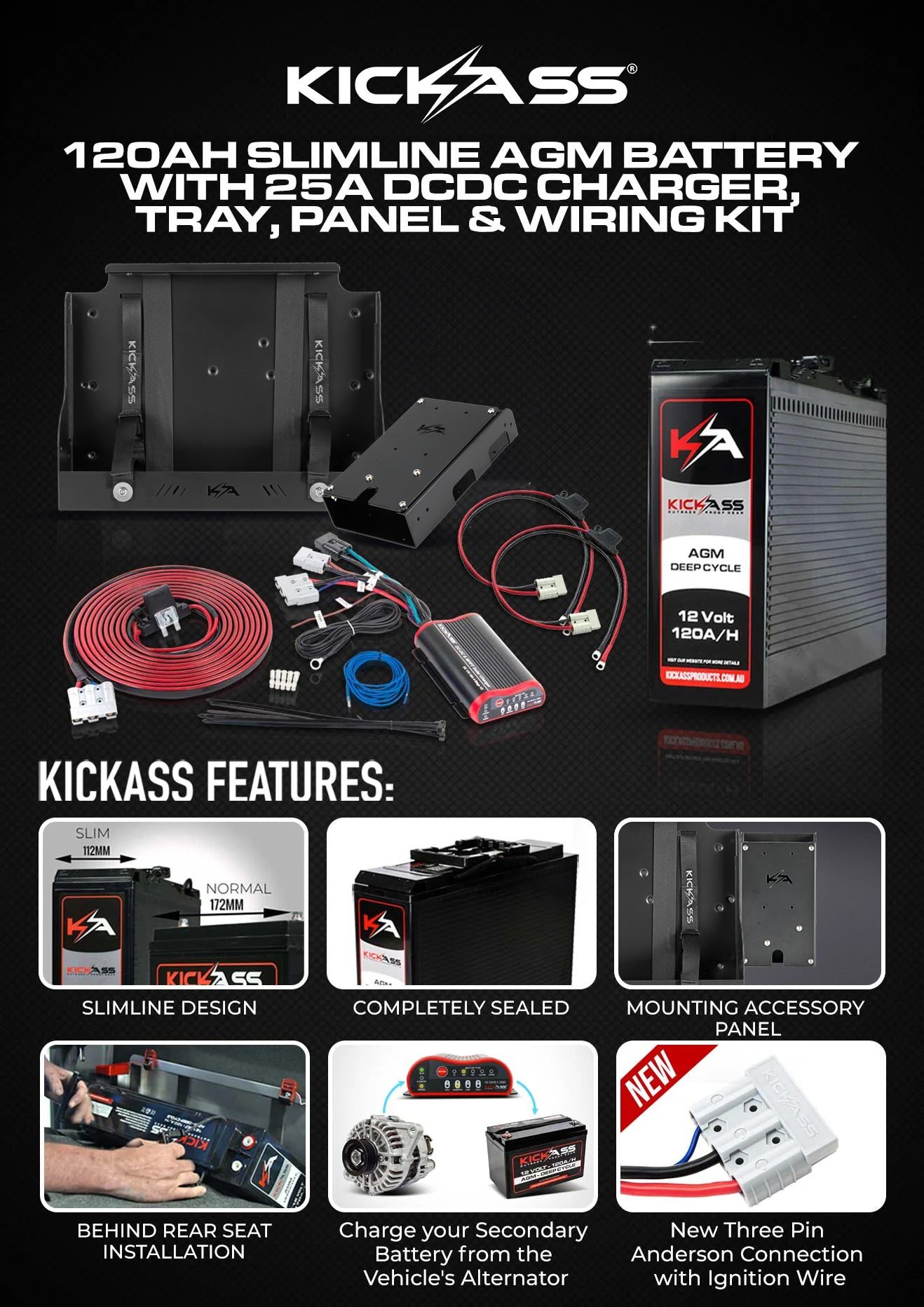 KATRAYMT120DCDC - KICKASS 12V 120AH Slimline AGM Battery with 25A DC-DC, Tray, Panel & Wiring Kit