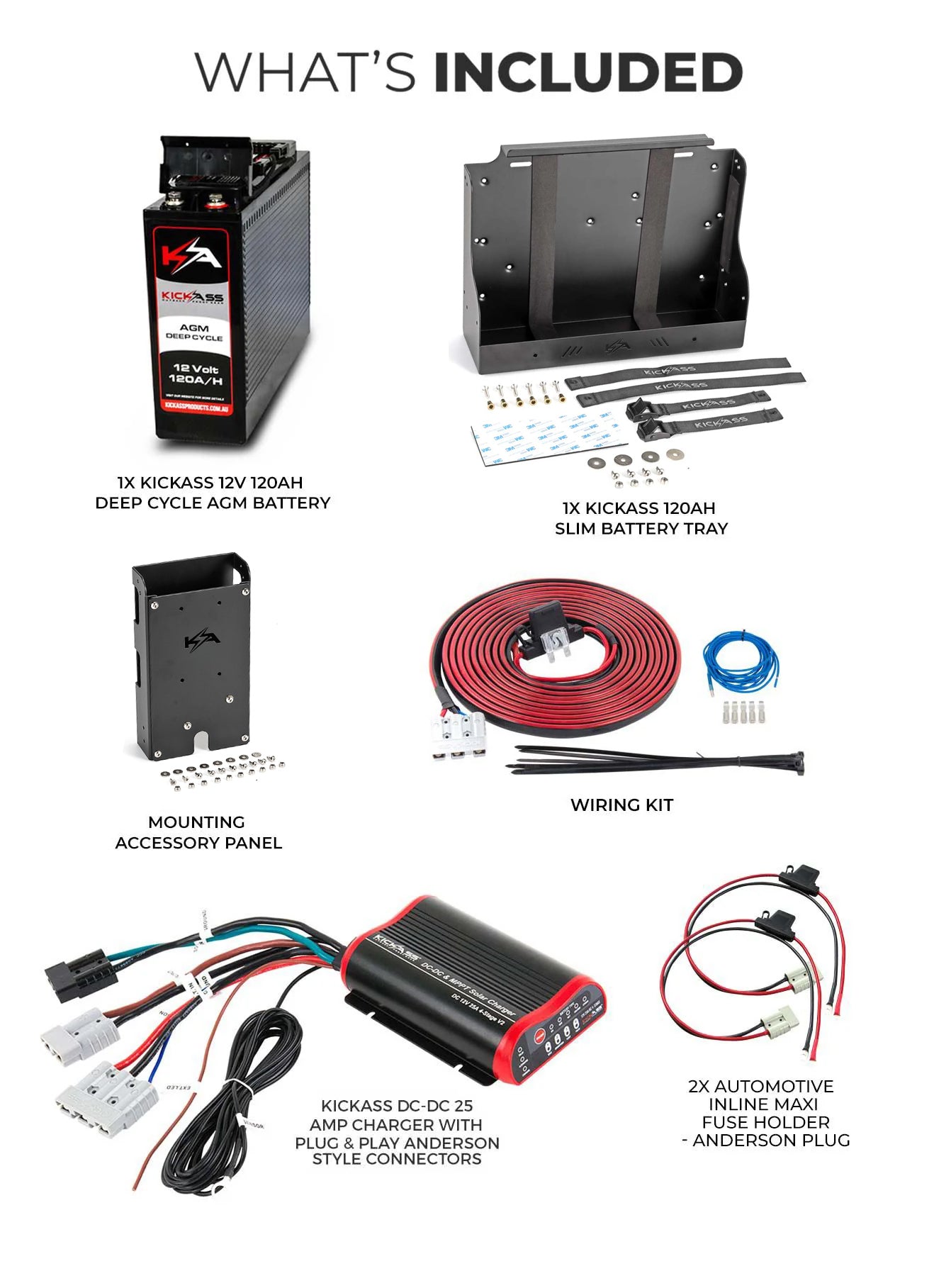 KATRAYMT120DCDC - KICKASS 12V 120AH Slimline AGM Battery with 25A DC-DC, Tray, Panel & Wiring Kit