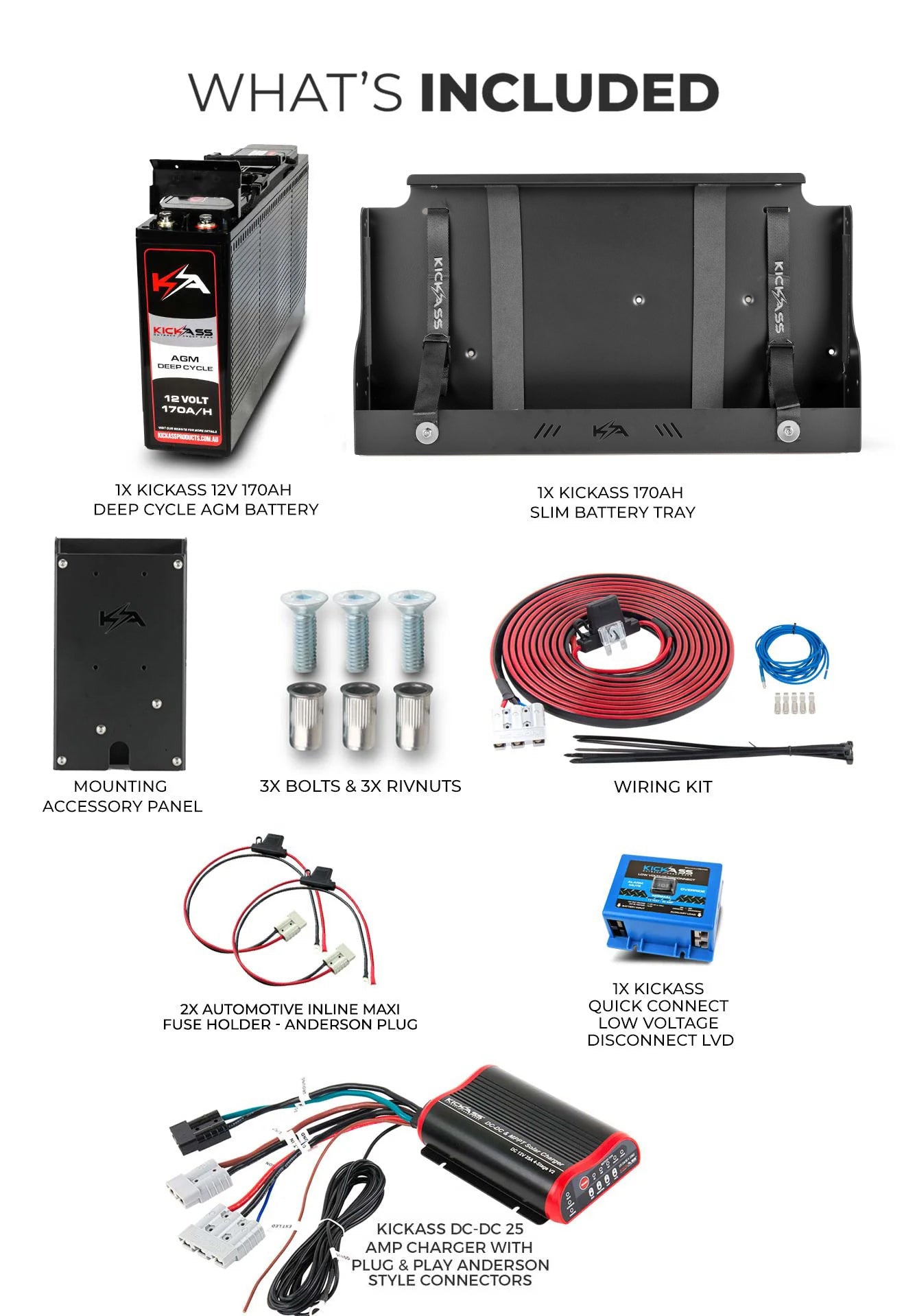 KATRAYMT170DCDCLVD - KICKASS 12V 170AH AGM Battery with 25A DC-DC Charger, Tray, Accessory Panel & Wiring Kit