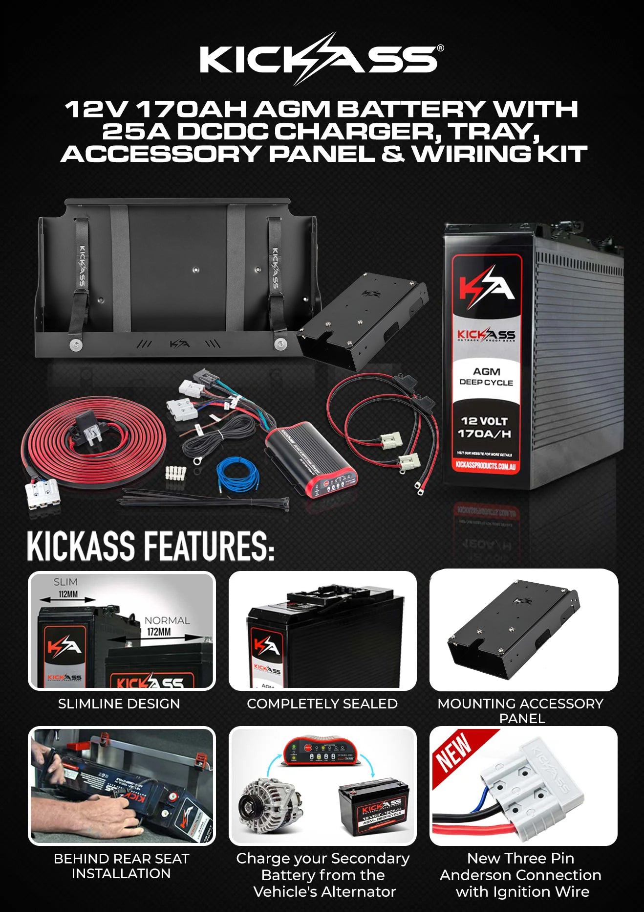 KATRAYMT170DCDC - KICKASS 12V 170AH AGM Battery with 25A DC-DC Charger, Tray, Accessory Panel & Wiring Kit