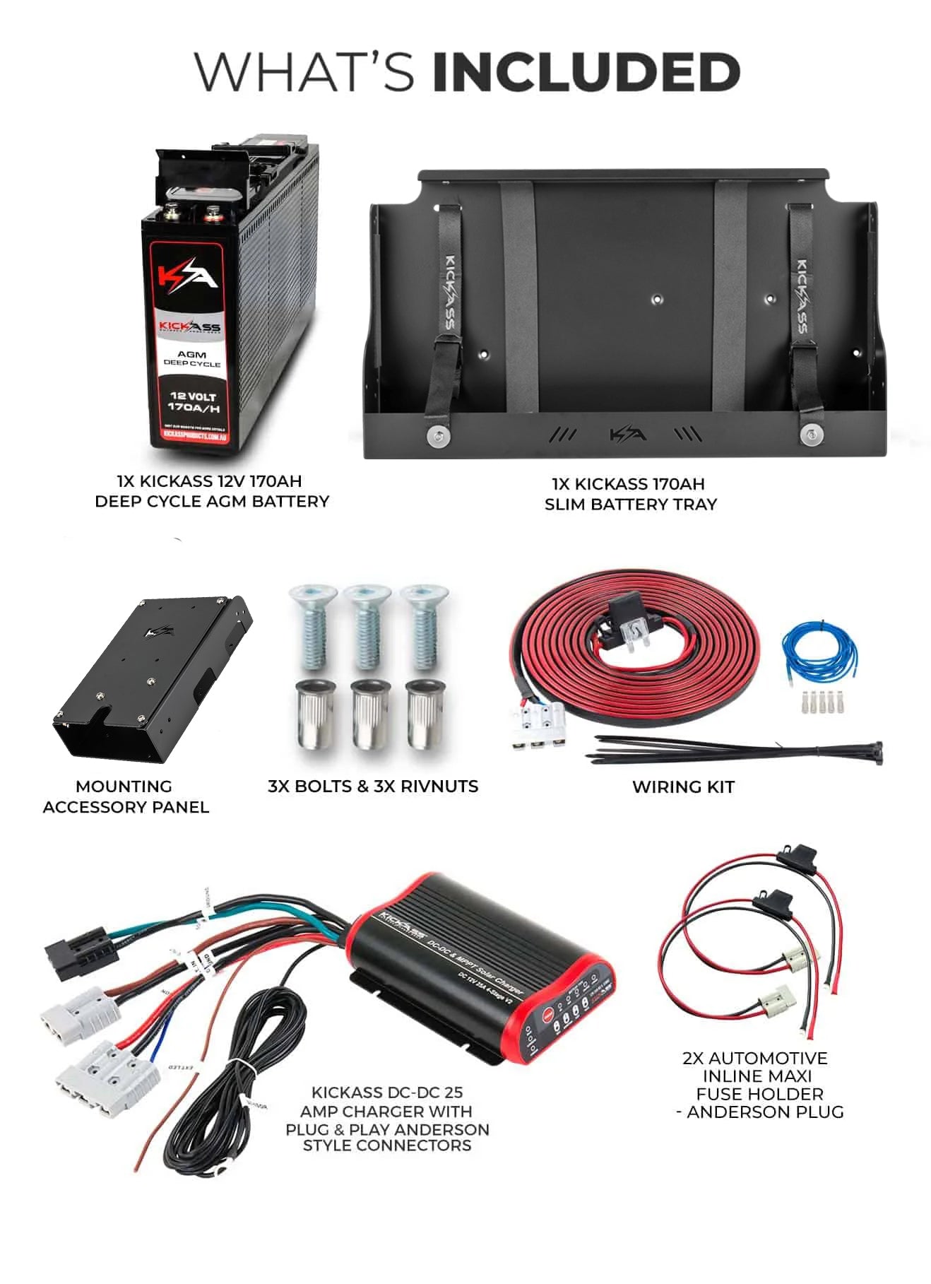 KATRAYMT170DCDC - KICKASS 12V 170AH AGM Battery with 25A DC-DC Charger, Tray, Accessory Panel & Wiring Kit