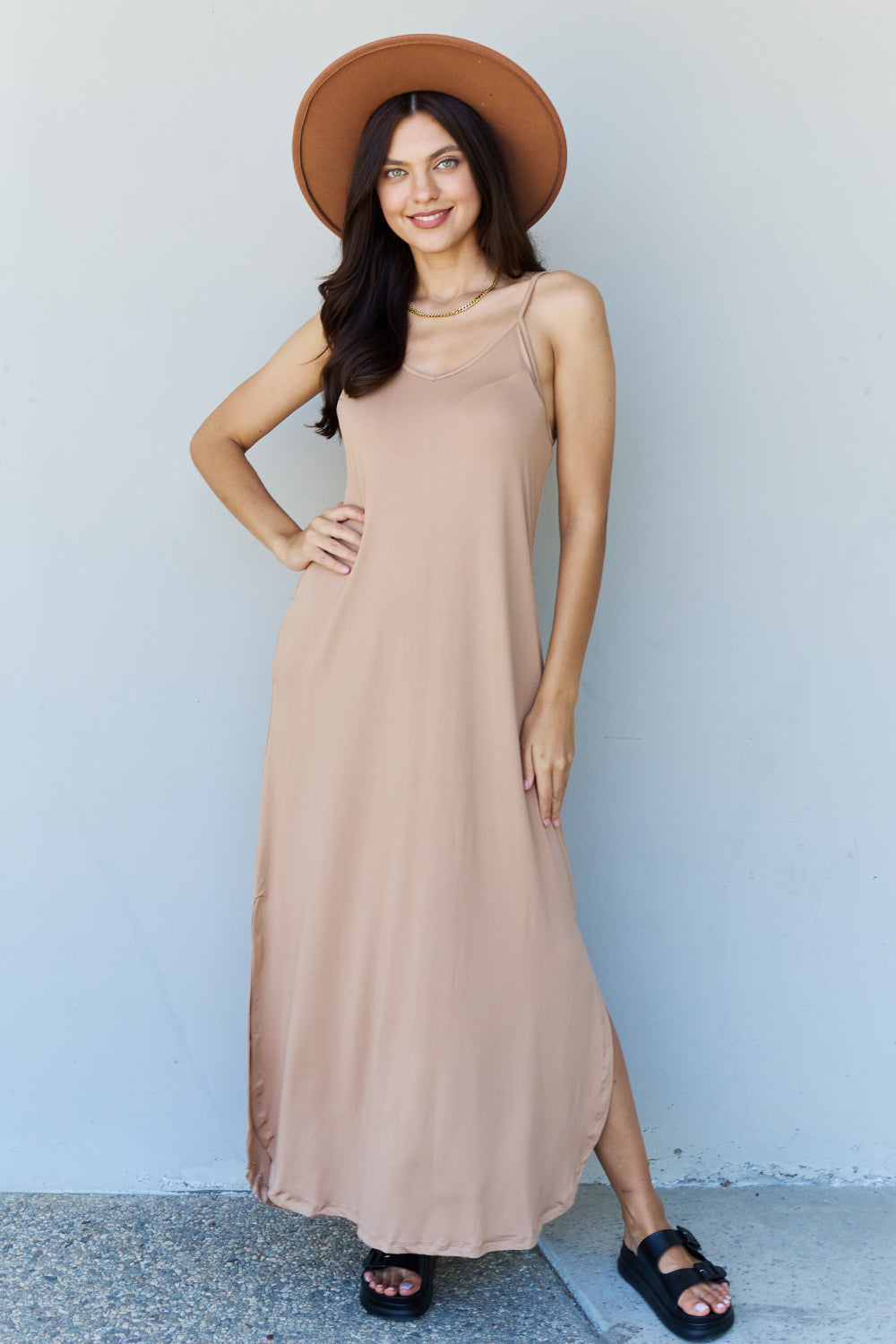 Ninexis Good Energy Full Size Cami Side Slit Casual Maxi Dress in Camel