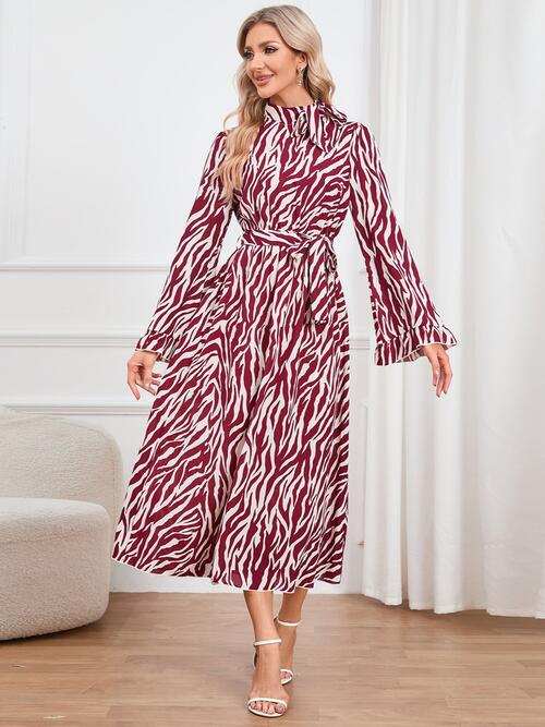 Animal Print Tie Front Ruffle Trim Long Sleeve Casual Maxi Midi Dress