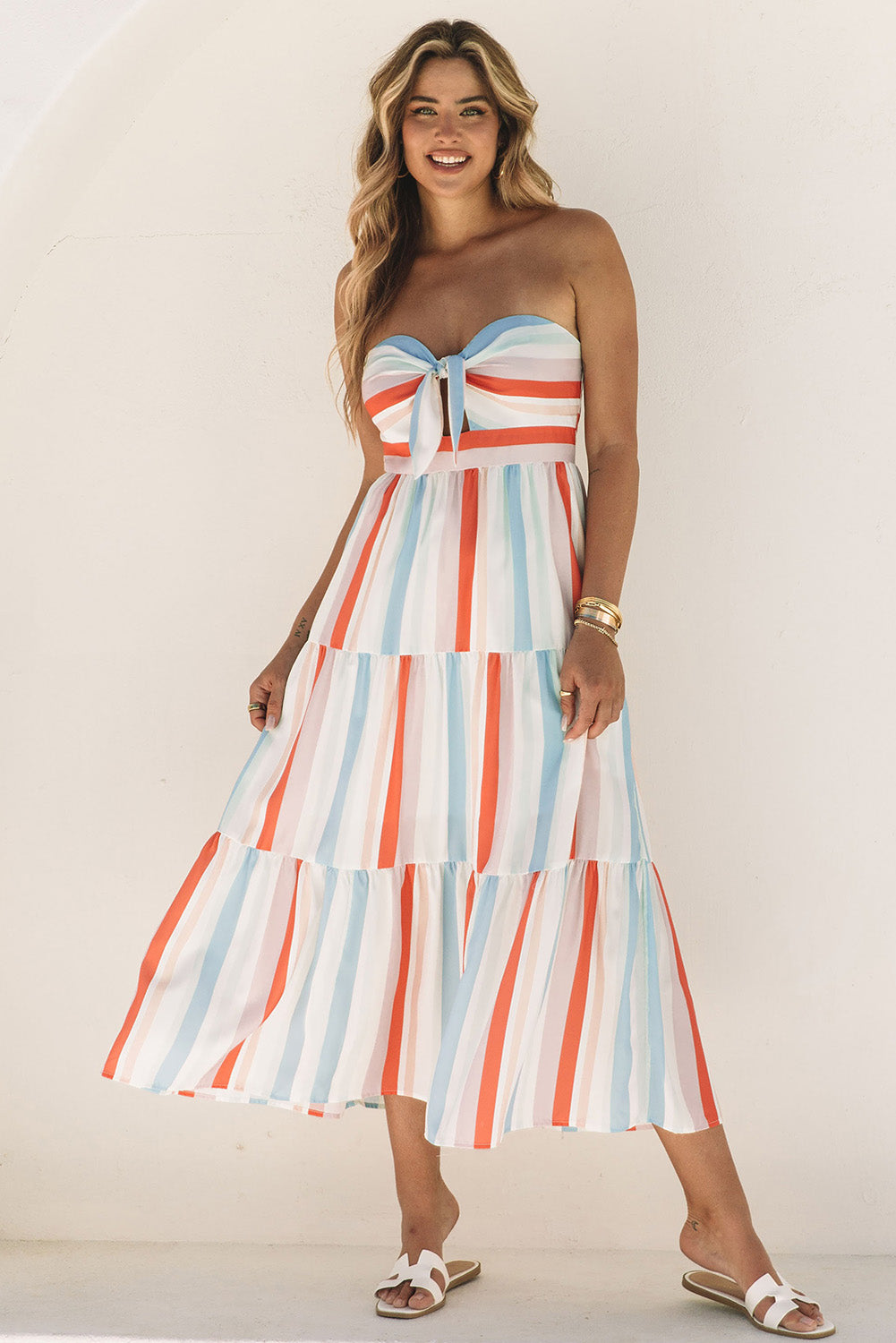 Multicolor Striped Tie Decor Strapless Tiered Maxi Dress