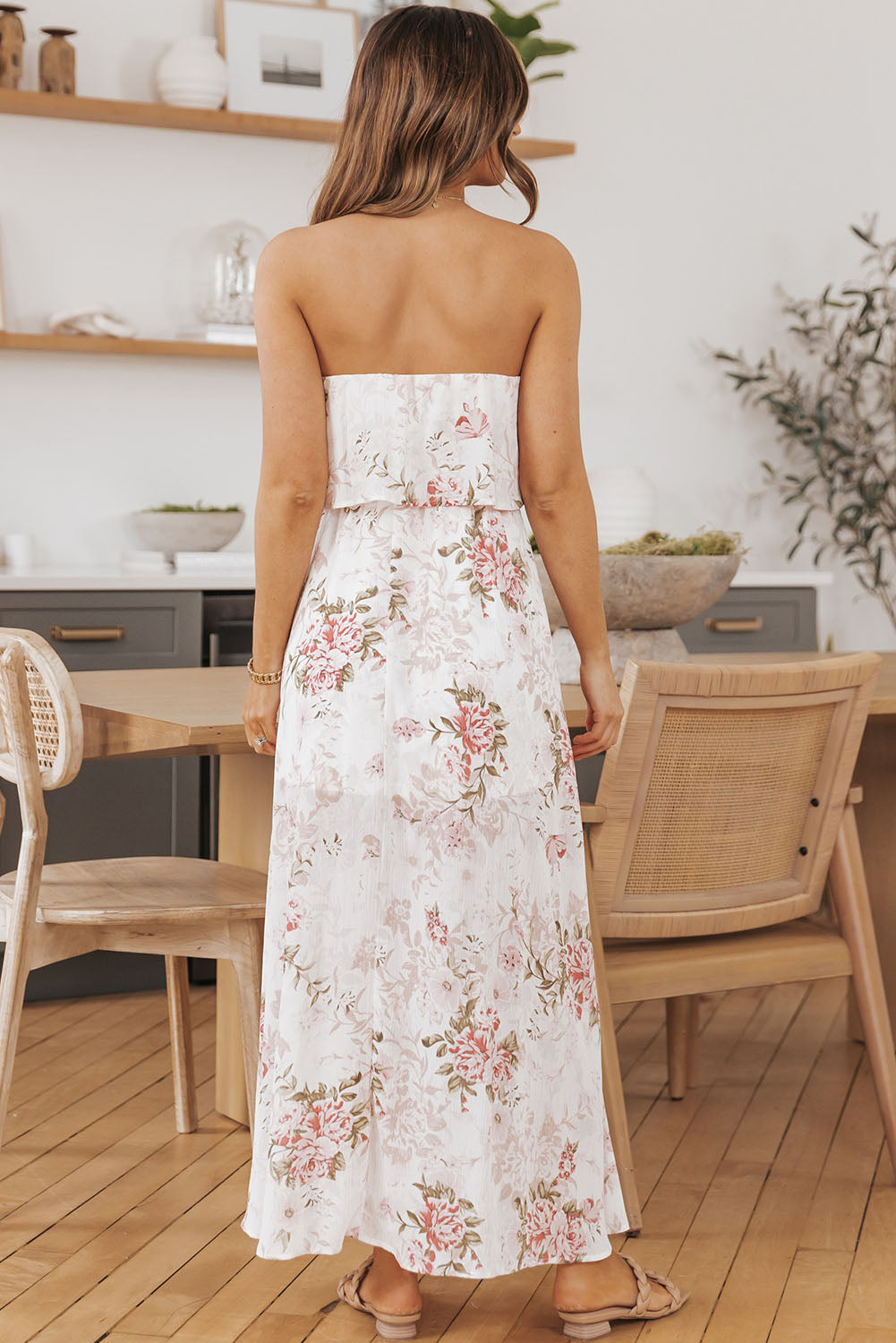 Pink Floral Print Strapless Tube Top Maxi Dress