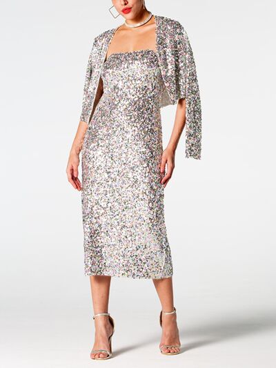 Sequin Strapless Bodycon Midi Maxi Dress with Cardigan Set