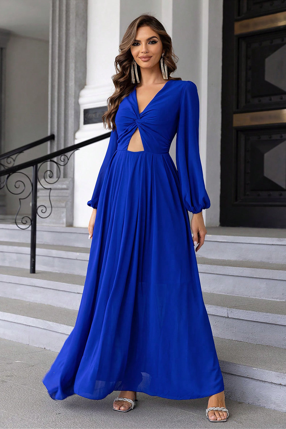 Twist Front Cutout Long Sleeve Maxi Dress