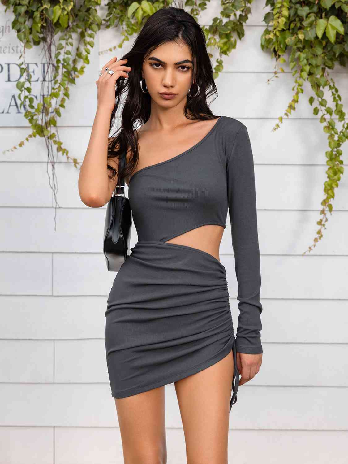 One Shoulder Long Sleeve Sexy Cutout Detail Mini Dress