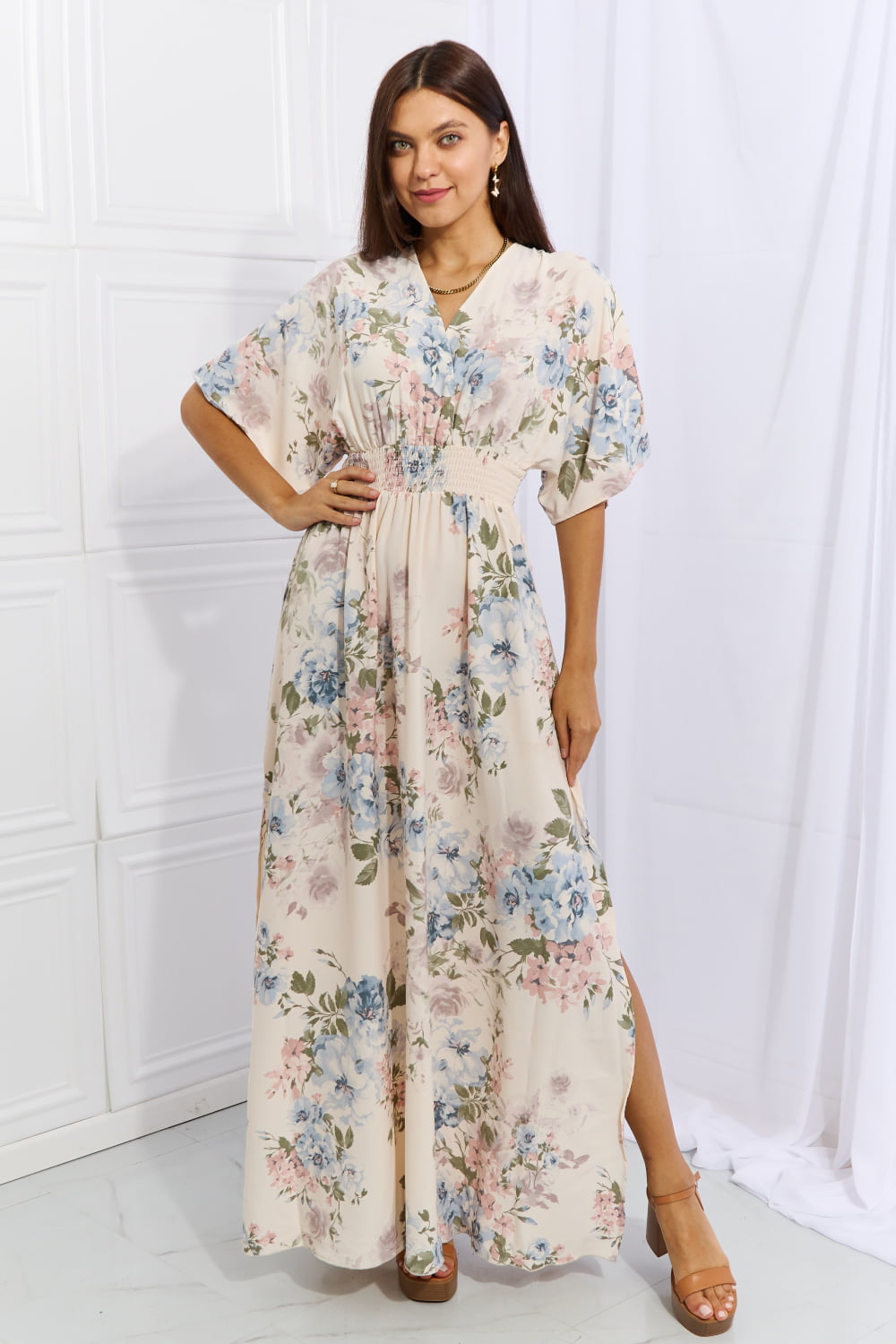 Short Sleeve Maxi dress, OneTheLand Fine & Elegant Floral Maxi Dress