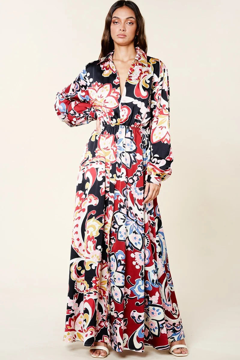 Color Block Printed V Neck Long Sleeve Maxi Dress