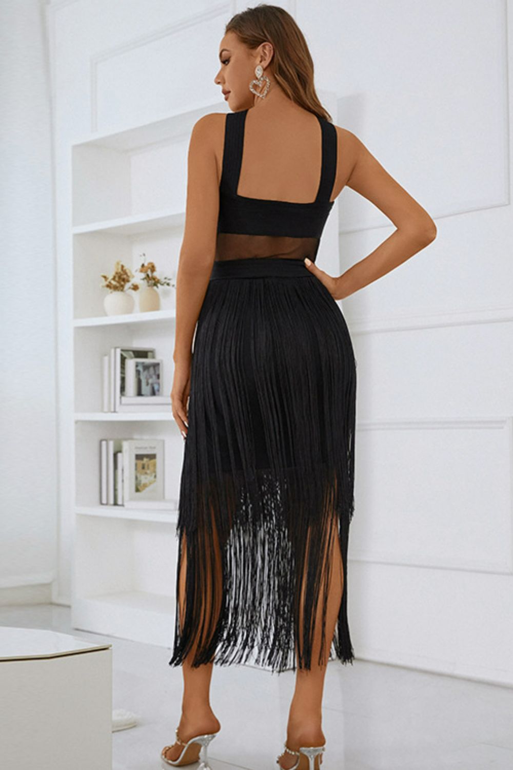 Spliced Mesh Fringe Hem Sleeveless Midi Dress