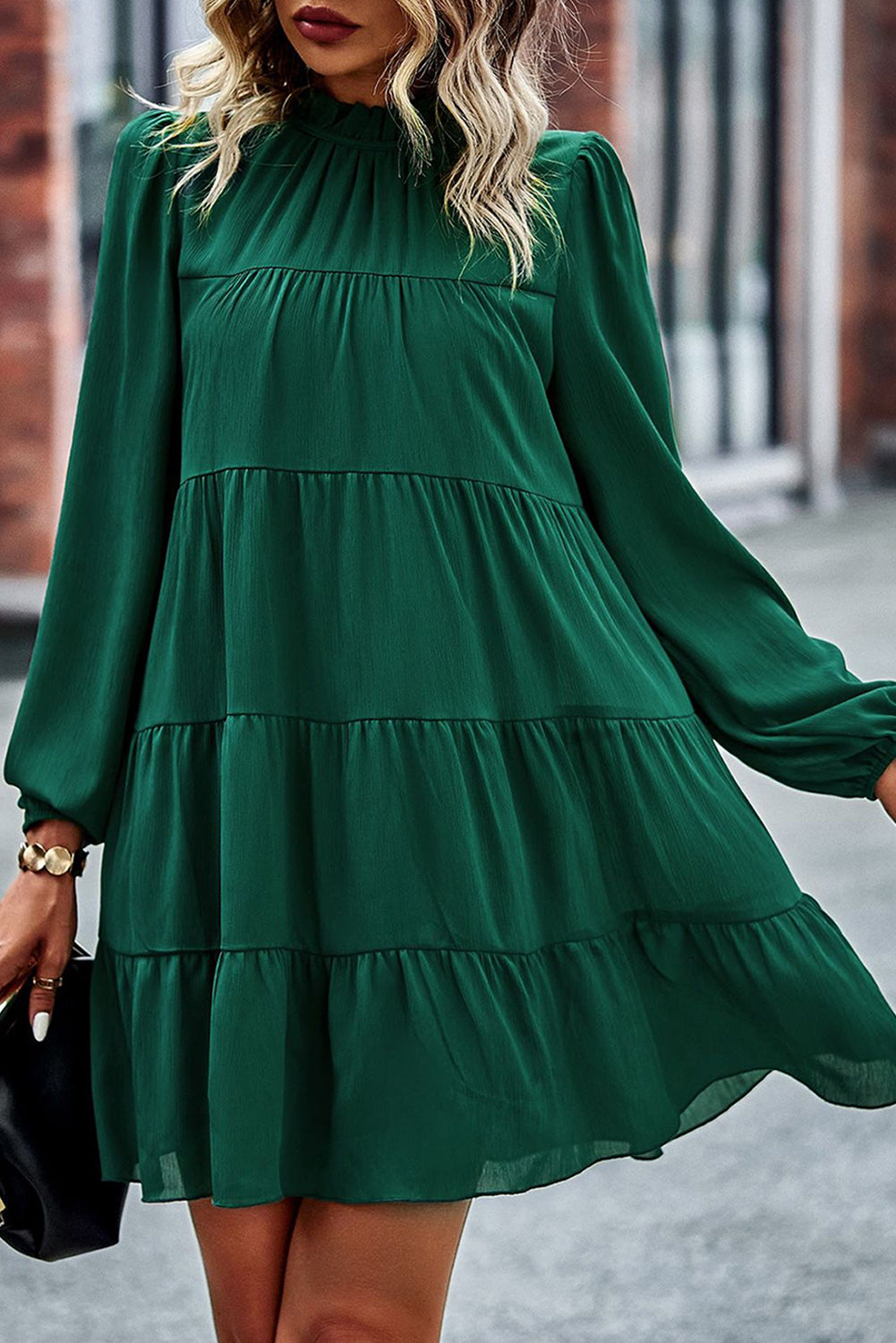 Green Puff Sleeve Mock Neck Back Knot Tiered Dress