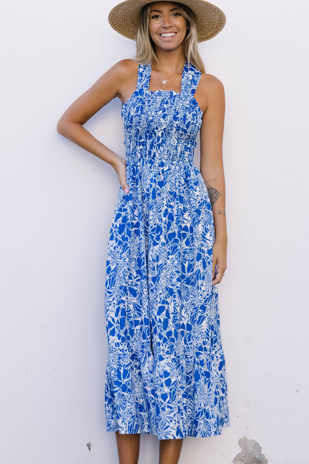 Blue Floral Print Smocked Criss Cross Tie Back Midi Dress