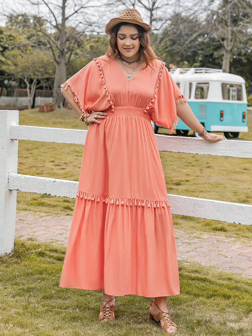 Plus Size Dress, Tassel Trim V-Neck Short Sleeve Ruffle Hem Dress