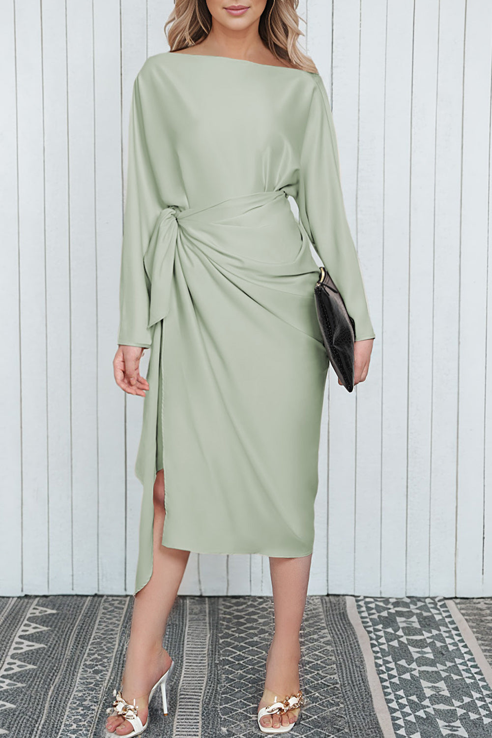 Green Satin Wrap Tie Side Boat Neck Long Sleeve Dress