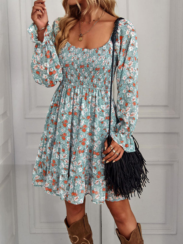 Women's U Neck Ruffle Sleeve Boho Print Long Sleeve Dress