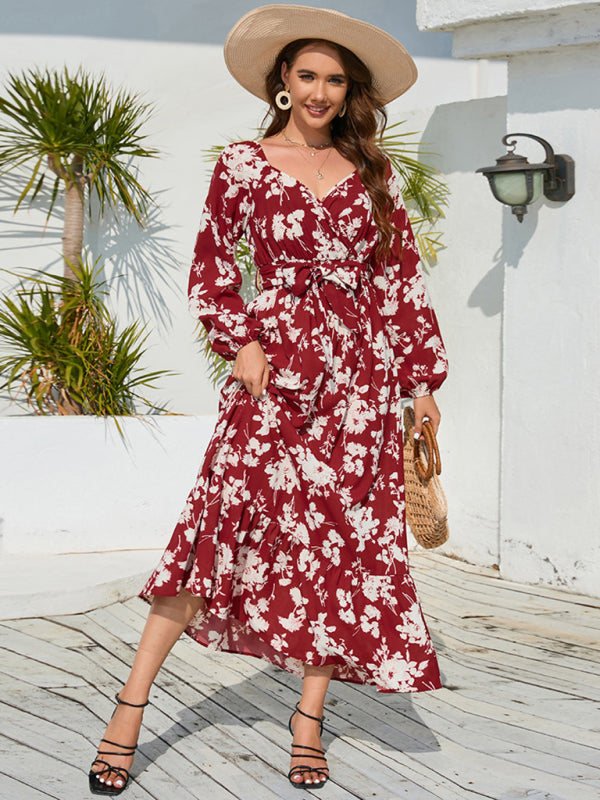 Floral skirt slim fit lantern sleeve strappy cake maxi -midi dress