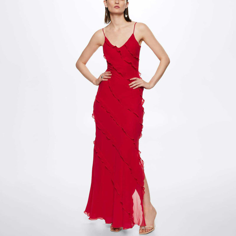 Red Stephanie Dress, Long Maxi Slit Ruffle Elegant Dinner Night Dress