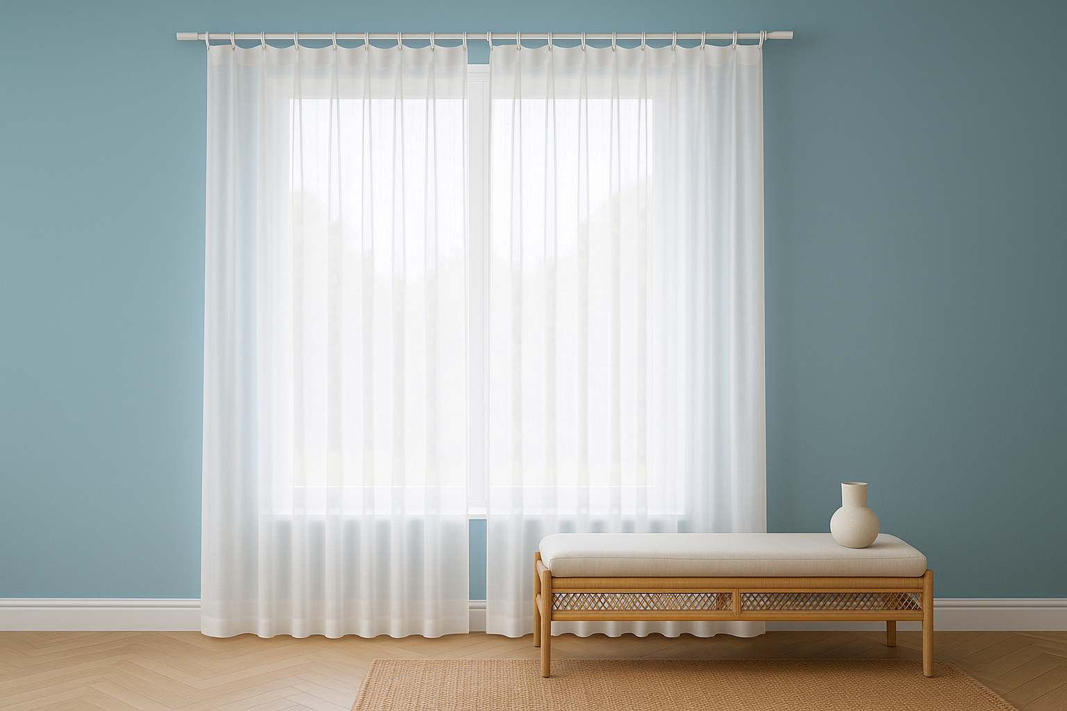 Salon bleu ciel avec rideaux blancs en percale de coton sur tringle chrome