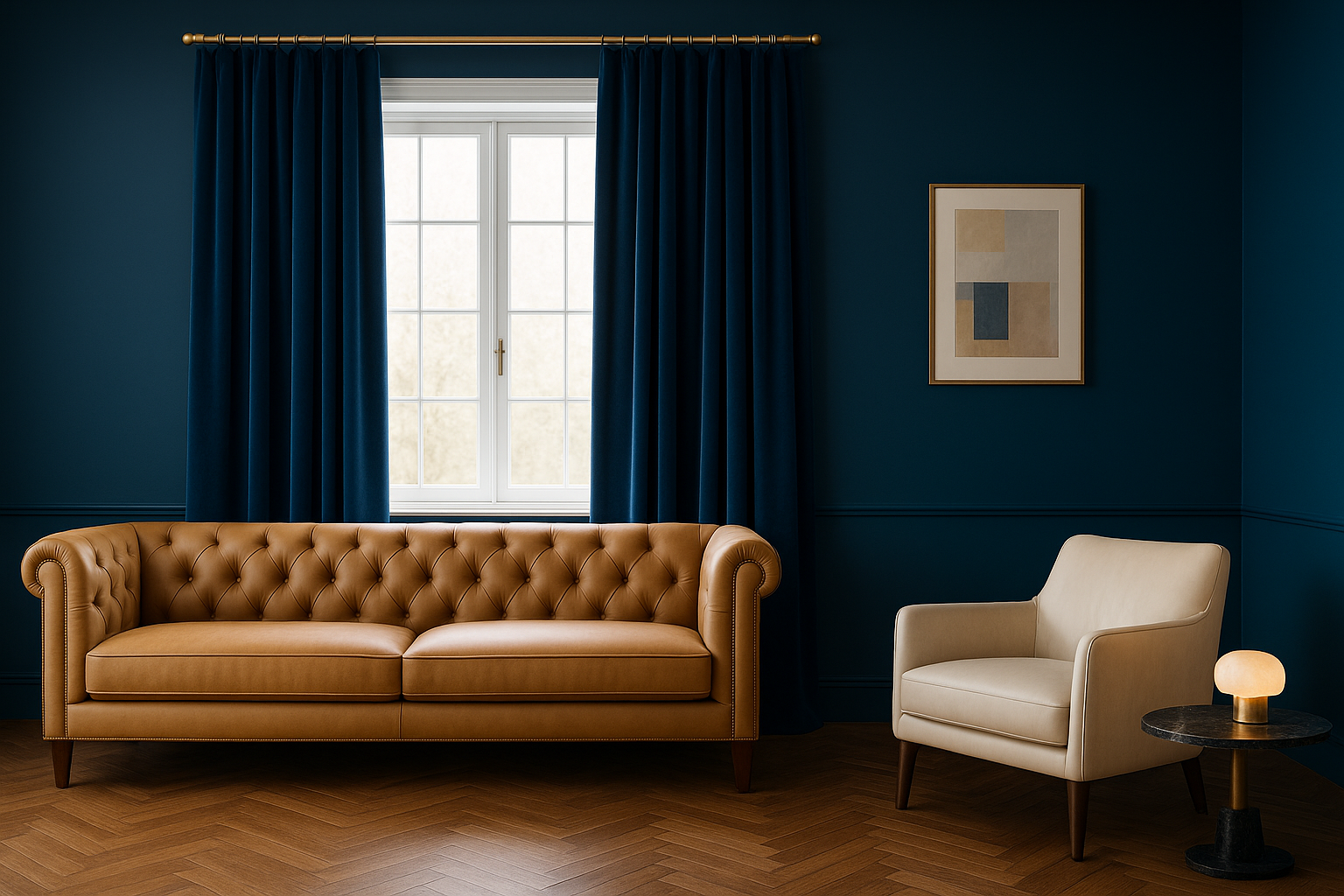 Salon classique bleu roi avec rideaux velours damassés et tringle laiton ouvragé