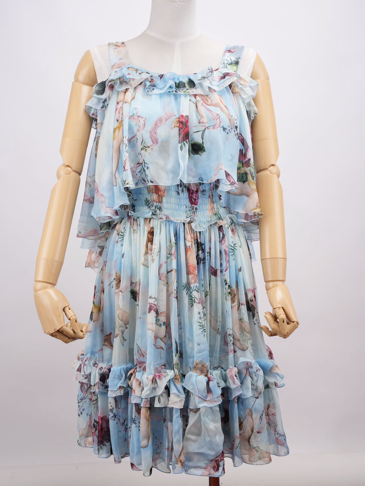 image of Dolce Gabbana Blue Angle Printed Silk Pleated Midi Dress Blue and Multicolor 38