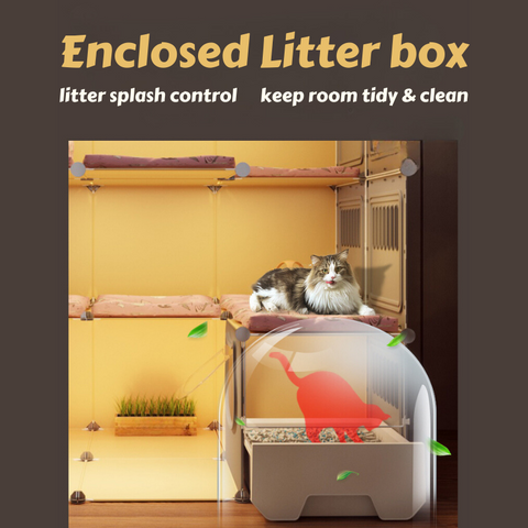indoor catio is inside a litter box, no more litter messy room