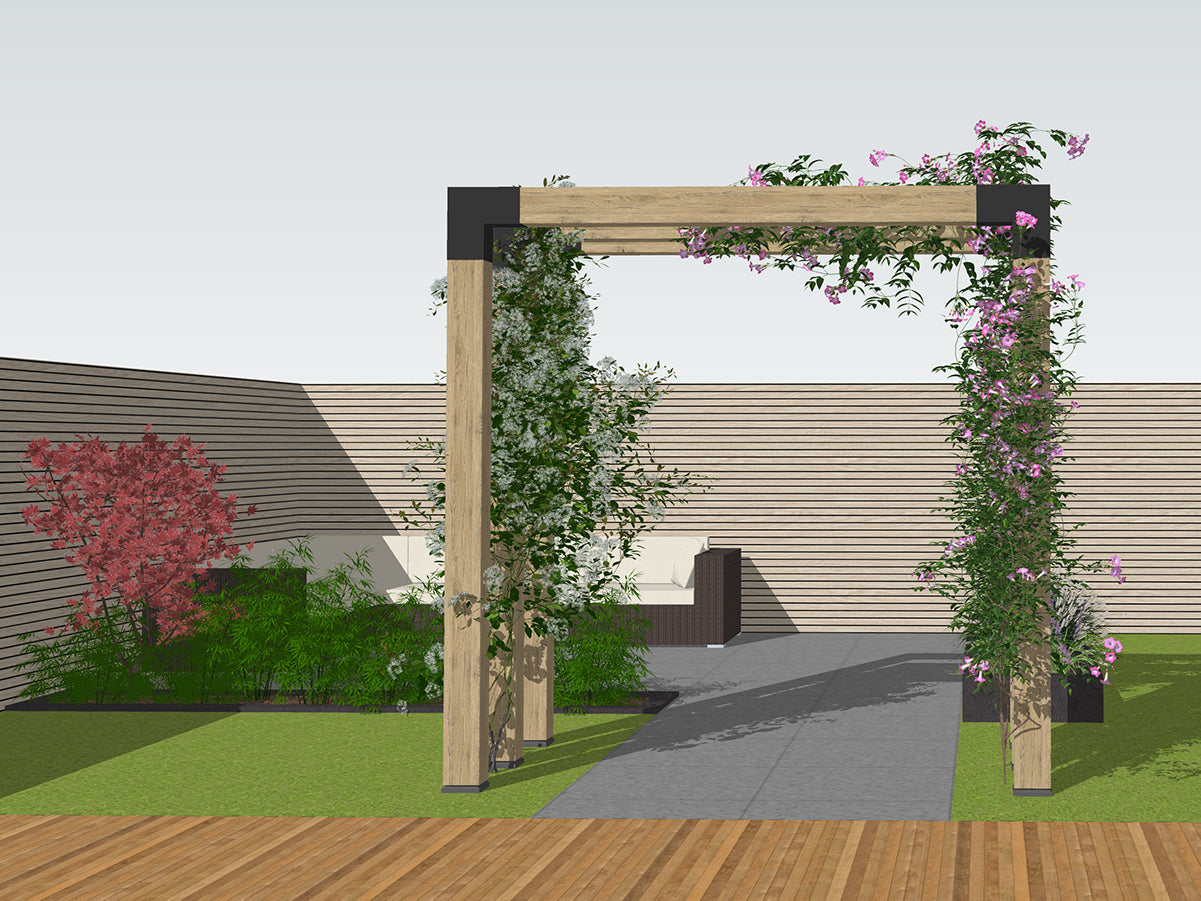 moderne houten pergola 3x herhaling palen met boven balk