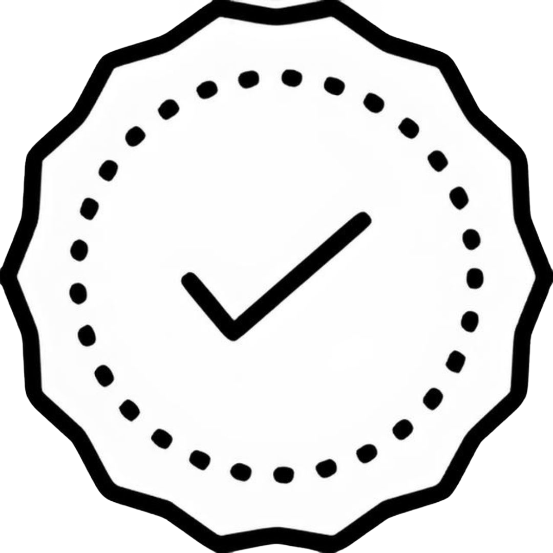 Circular badge with a check mark inside.