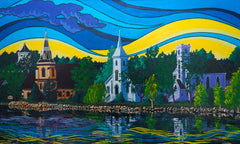 Trinity churches, Mahone Bay, Nova Scotia, Church Painting. Original painting by a professional Canadian landscape artist. visual art ready to hang on your wall.