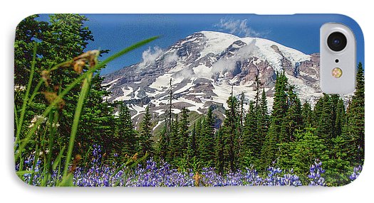 Mt Rainier with purple flowers - Phone Case