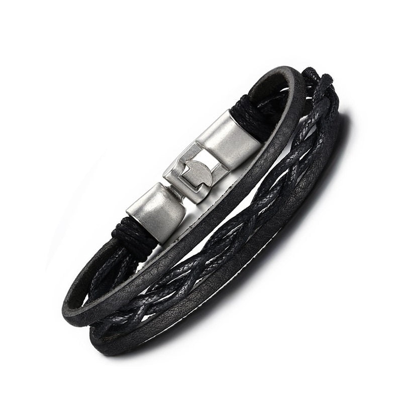 Brazillian Black Leather Bracelet with Silver Tone Locking Clasp