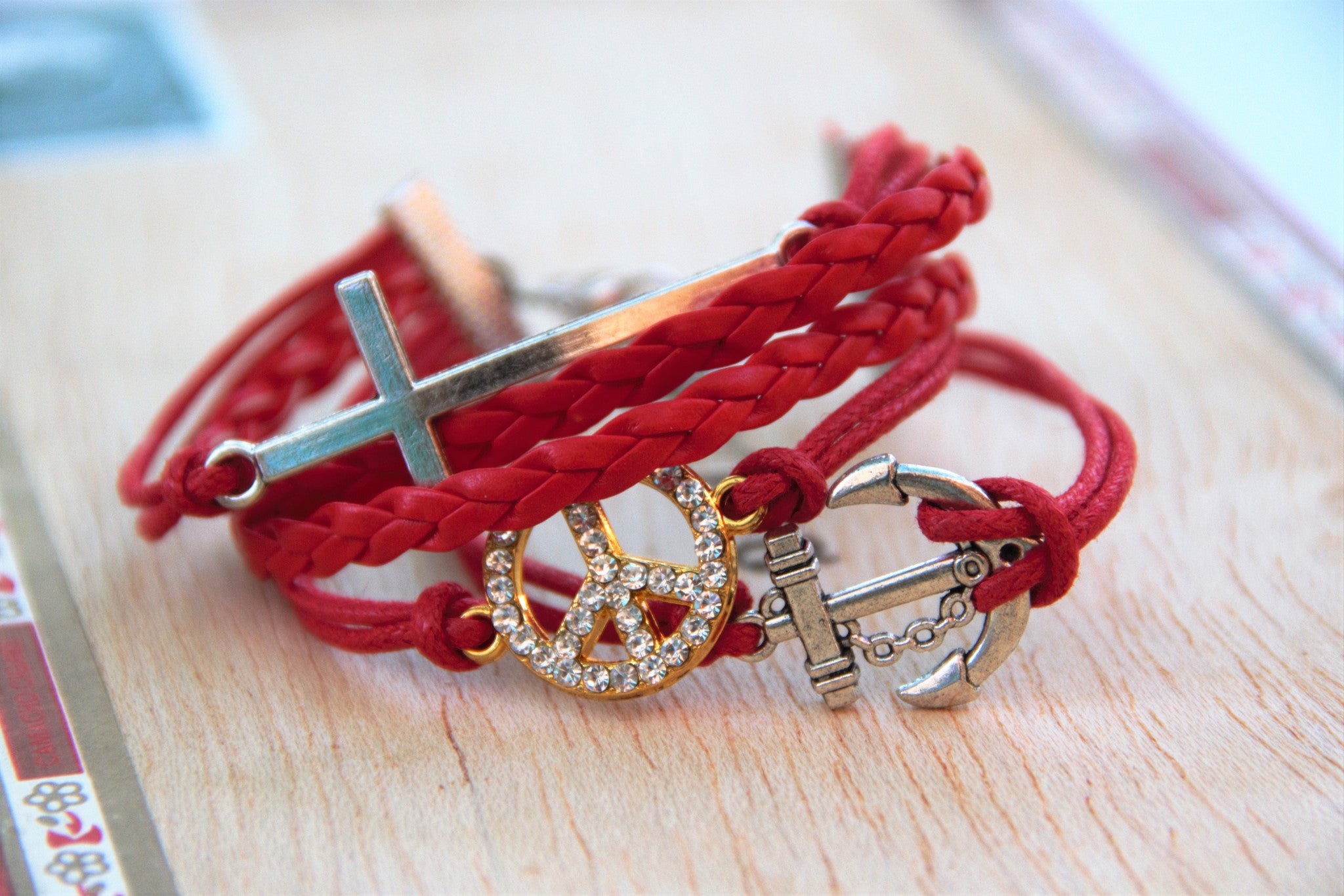 Ladies Fashion Bracelet with Red Cord with Cross Anchor and Peac